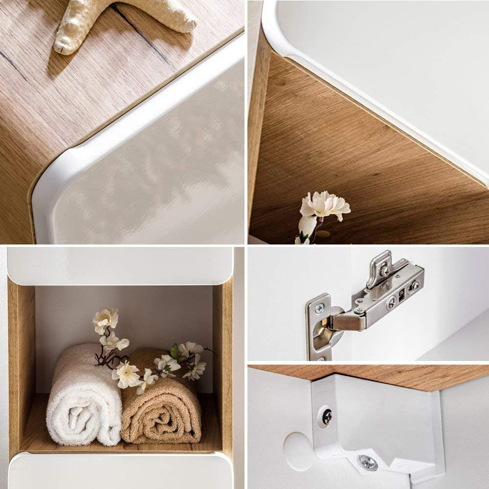 Lomadox Badmöbel Set, Hochglanz weiß mit Wotan Eiche Nb., 80 cm Waschtisch-Unterschrank mit Keramik-Waschbecken, 50 cm LED-Spiegel, Hochschrank & 3 Hängeschränke