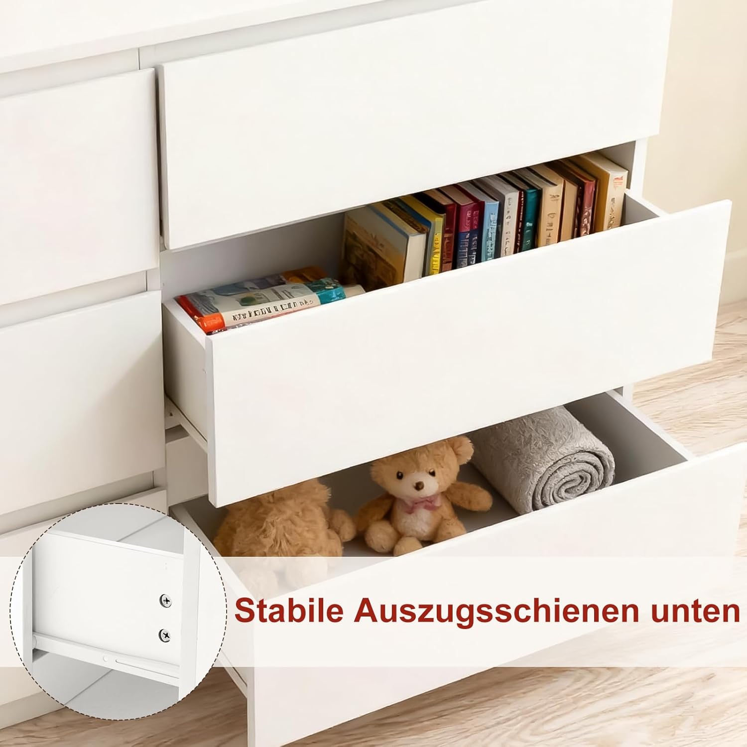 Sweetcrispy Kommode, Weißes Sideboard mit 6 Schubladen, 120×30×75cm, Viel Stauraum für Wohnzimmer, Flur & Schlafzimmer, Moderner Kommodenschrank