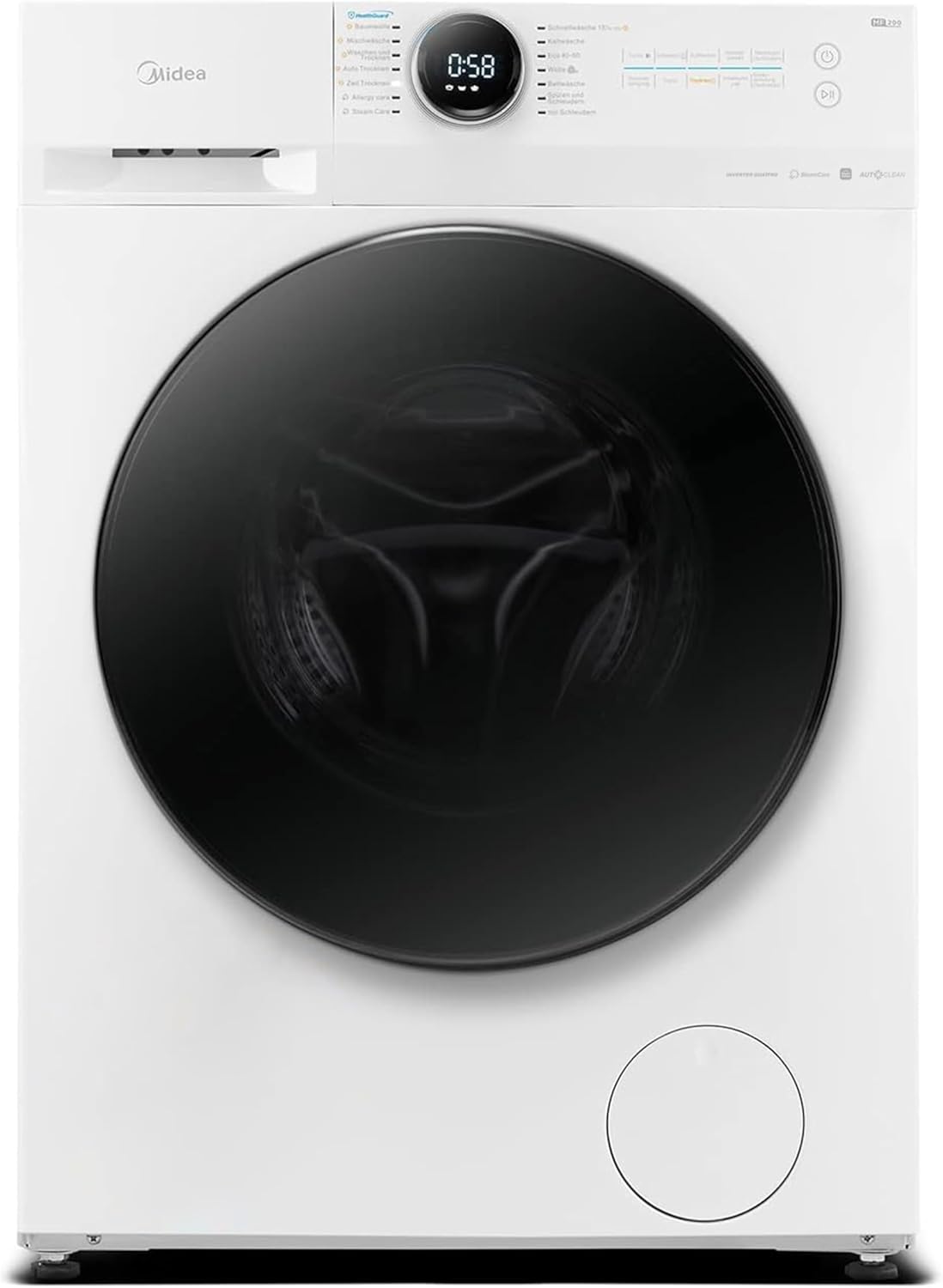 Midea MF200D86WB-14DAS Waschtrokner, 8&6kg Waschen&Trocknen, Inverter Mortor, Auffrischen, 60 Min. Waschen & Trocknen, Steam Care, Turbo, 48 cm tief, APP-Steuerung, AquaStop