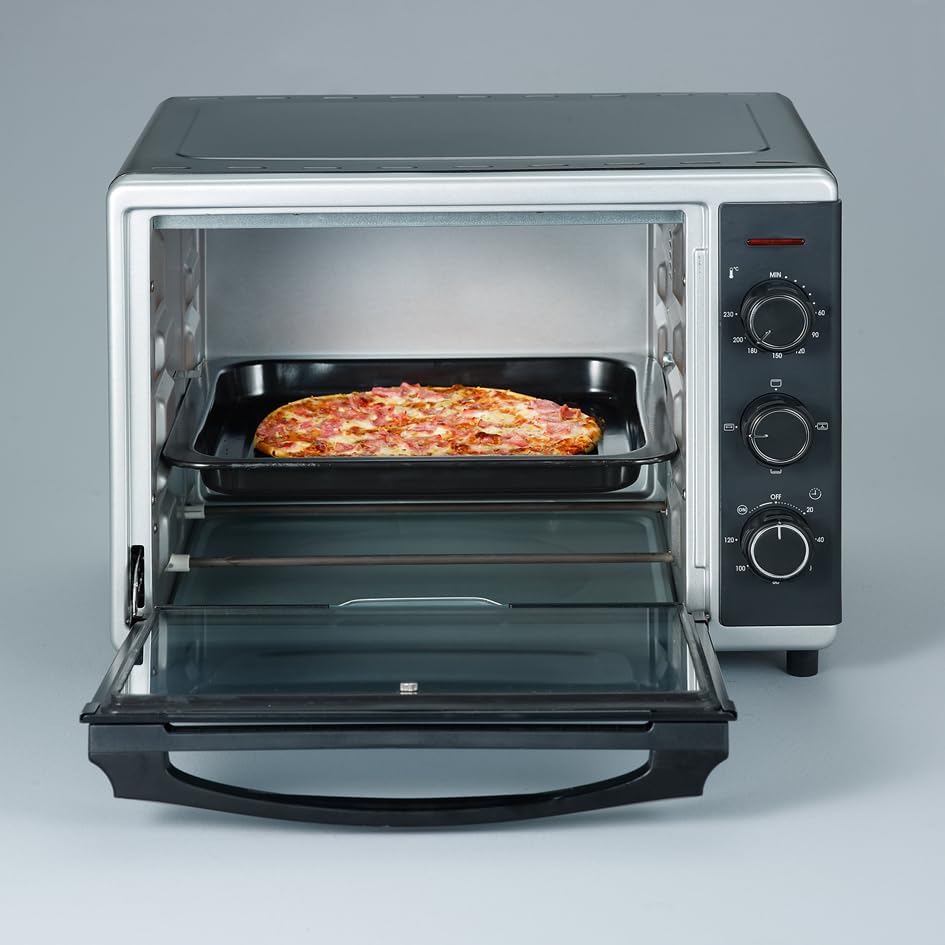 SEVERIN Back- und Toastofen mit Umluftfunktion, Mini Backofen mit Grillrost, Backblech, Drehspie und Pizzastein, vielseitiger Heiluftofen mit 42 L Kapazitt, 1.800 W, schwarz, TO 2058