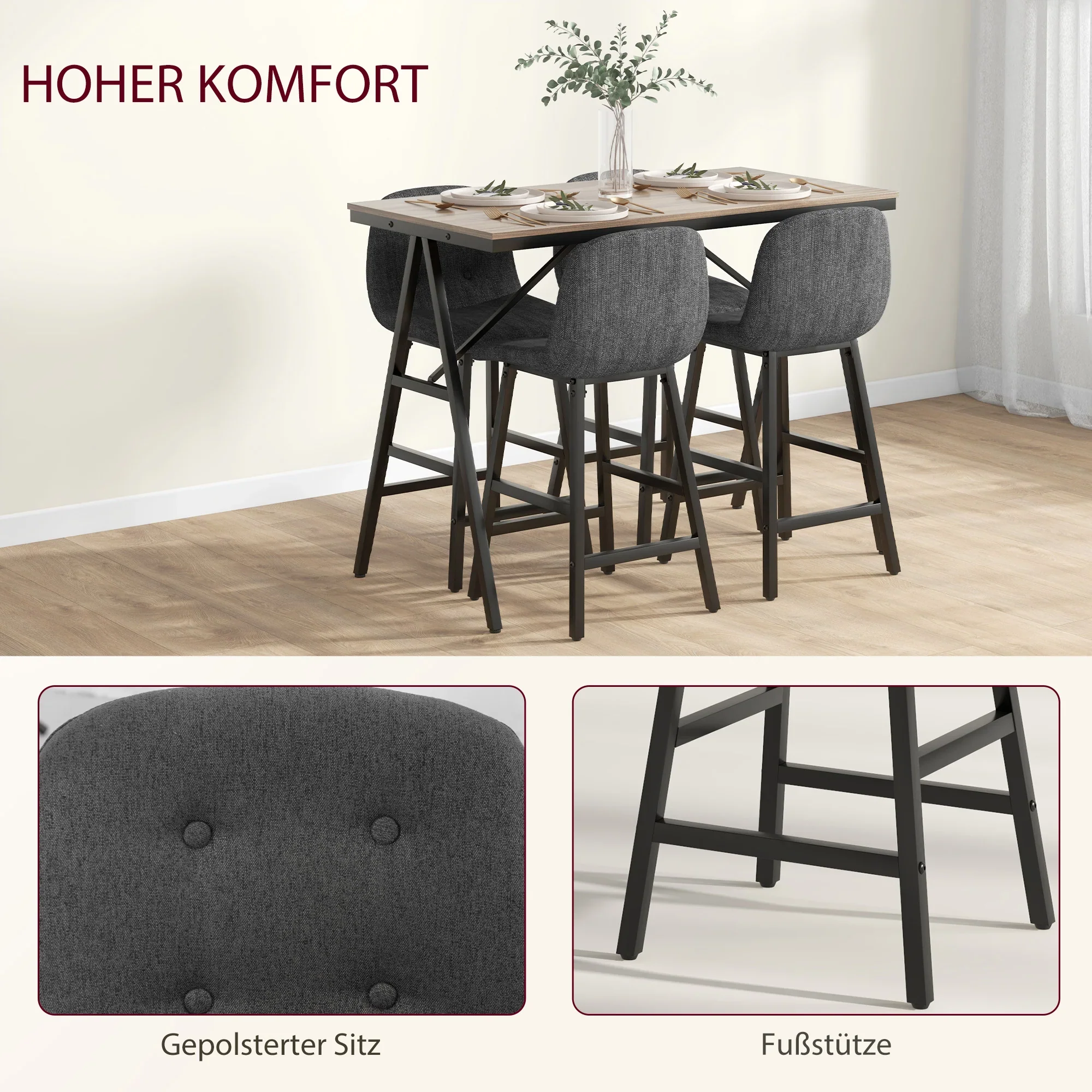 5-delige Bargarnituur, Tafel en 4 Stoelen, Knoopafwerking, Dikke Bekleding, Linnenlook, Donkergrijs