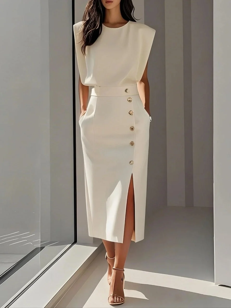 Elegantes Midi-Kleid mit Rundhalsausschnitt und Schlitz
