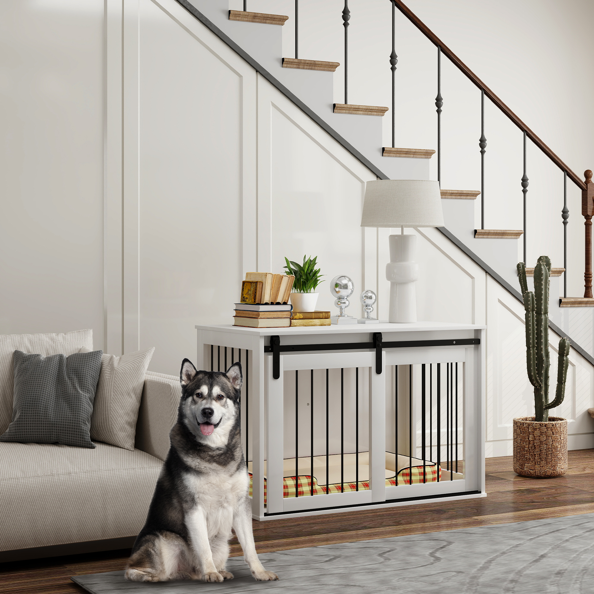 PawHut Hondenkooi met Schuifdeur, Ventilatie, Spaanplaat en Staal, 98 x 58 x 61 cm, Wit