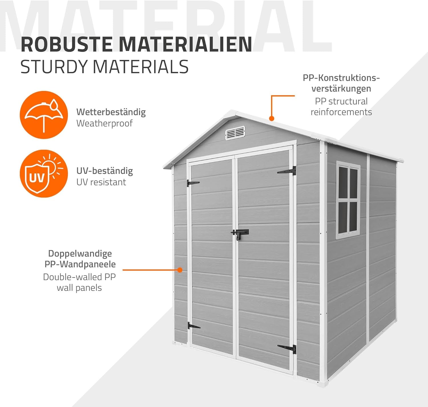 ECD Germany Gartenhaus Kunststoff mit Boden, Gerätehaus wetterfest, 5m³, 151x182x220 cm, Hellgrau, Geräteschuppen mit Satteldach, Fenster, Doppeltür & Belüftung, Gartenschuppen, Outdoor Aufbewahrung