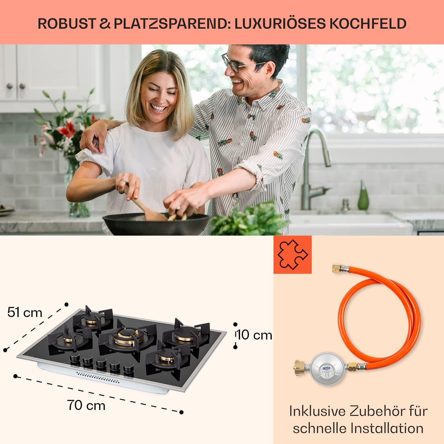 Klarstein Gasherd, Gaskochfeld 5 Flammen, Einbau-Gaskocher für Zuhause & Wohnmobil, Campingkocher mit Glasplatte, Gasherd für Propan- und Erdgas, Edelstahl Gas-Herdplatte Wok Brenner 10400 Watt
