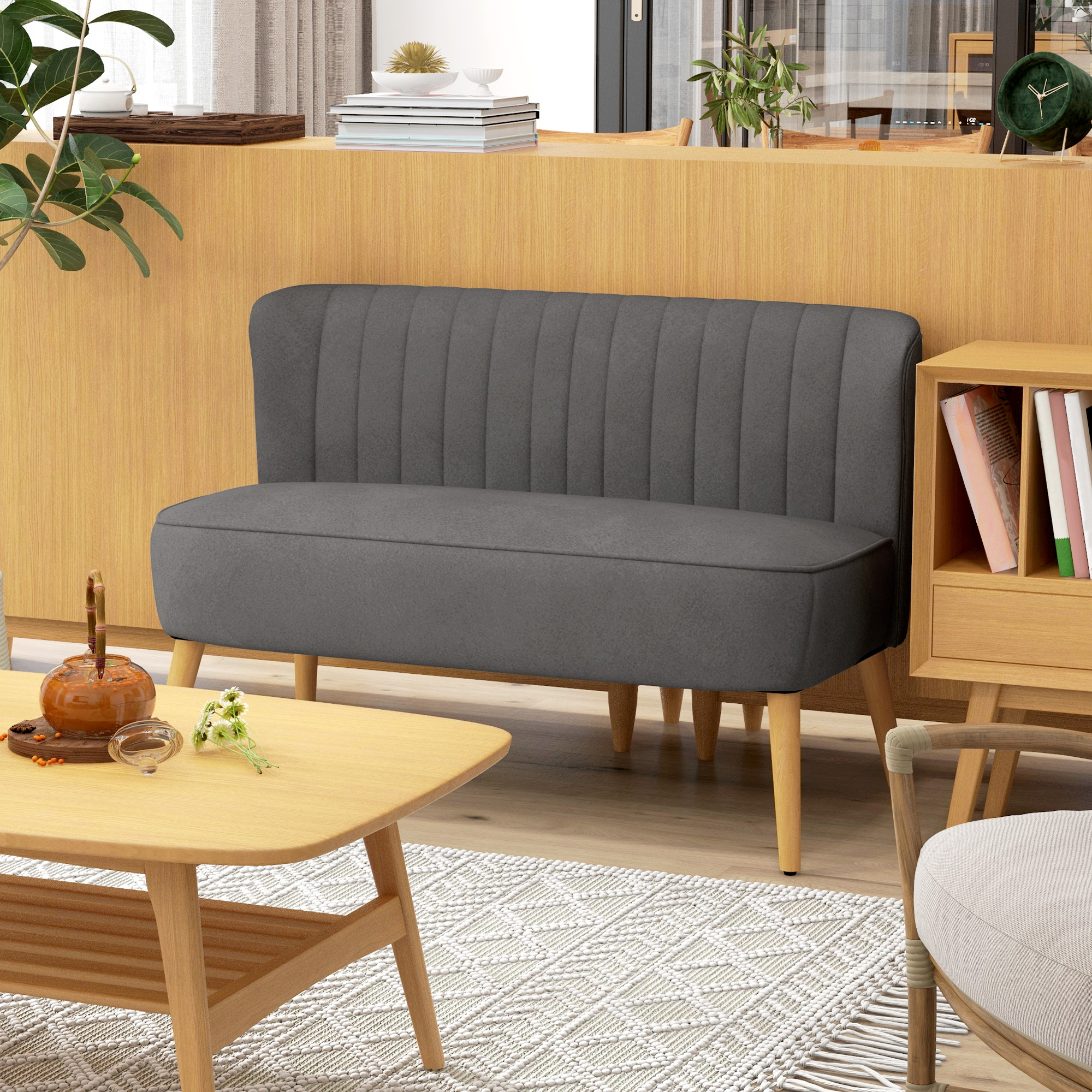 Sofa Retrodesign 2-zitsbank, houten poten, 117 cm x 56,5 cm x 77 cm, Donkergrijs