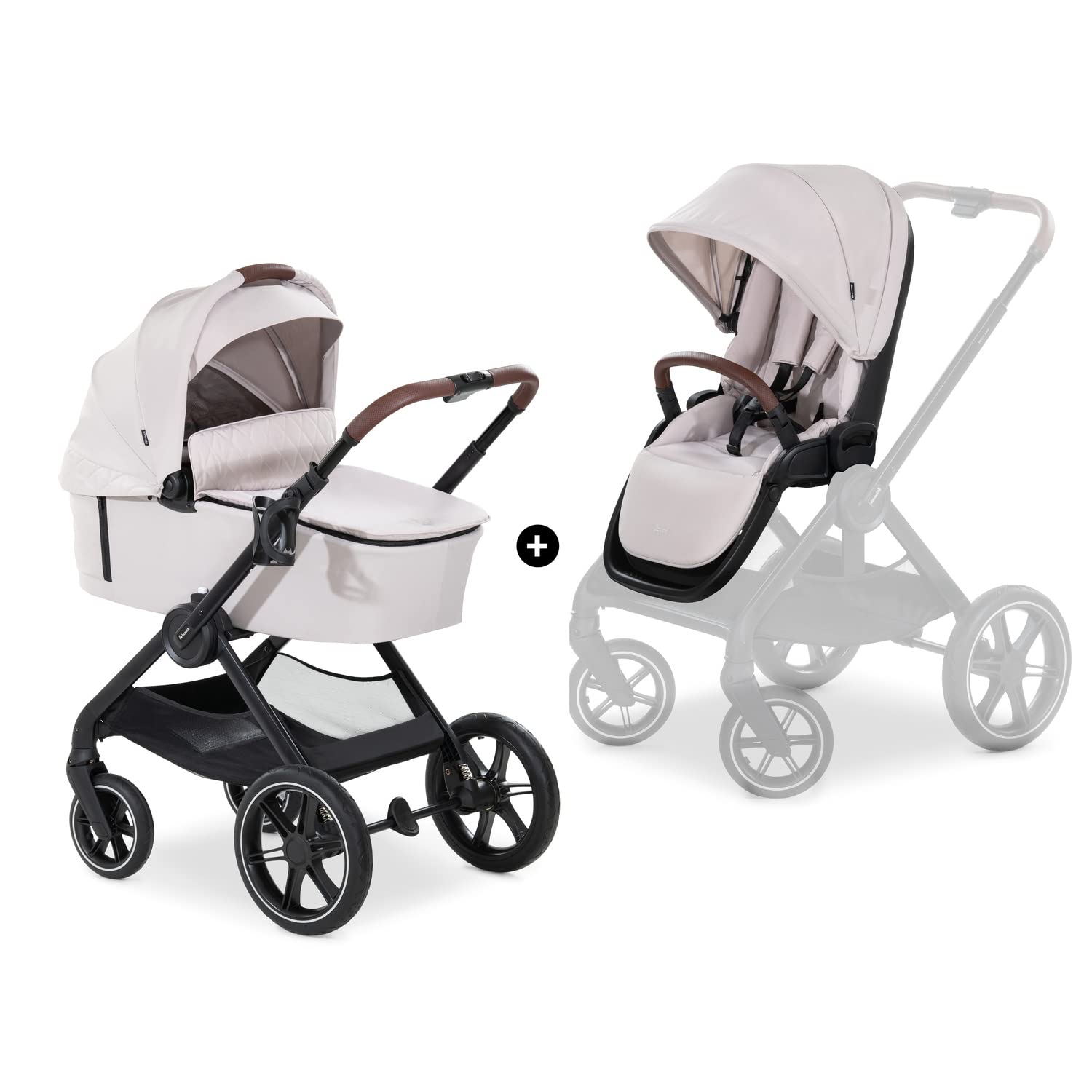 hauck 2in1 Kinderwagen mit Gummireifen Walk N Care Set ab Geburt bis 22 kg + 3 kg Korb, Wanne mit Memory-Knöpfen, Sitz mit Liegefunktion Wendbar Höhenverstellbar, Teleskopgriff, UPF 50+ (Beige)