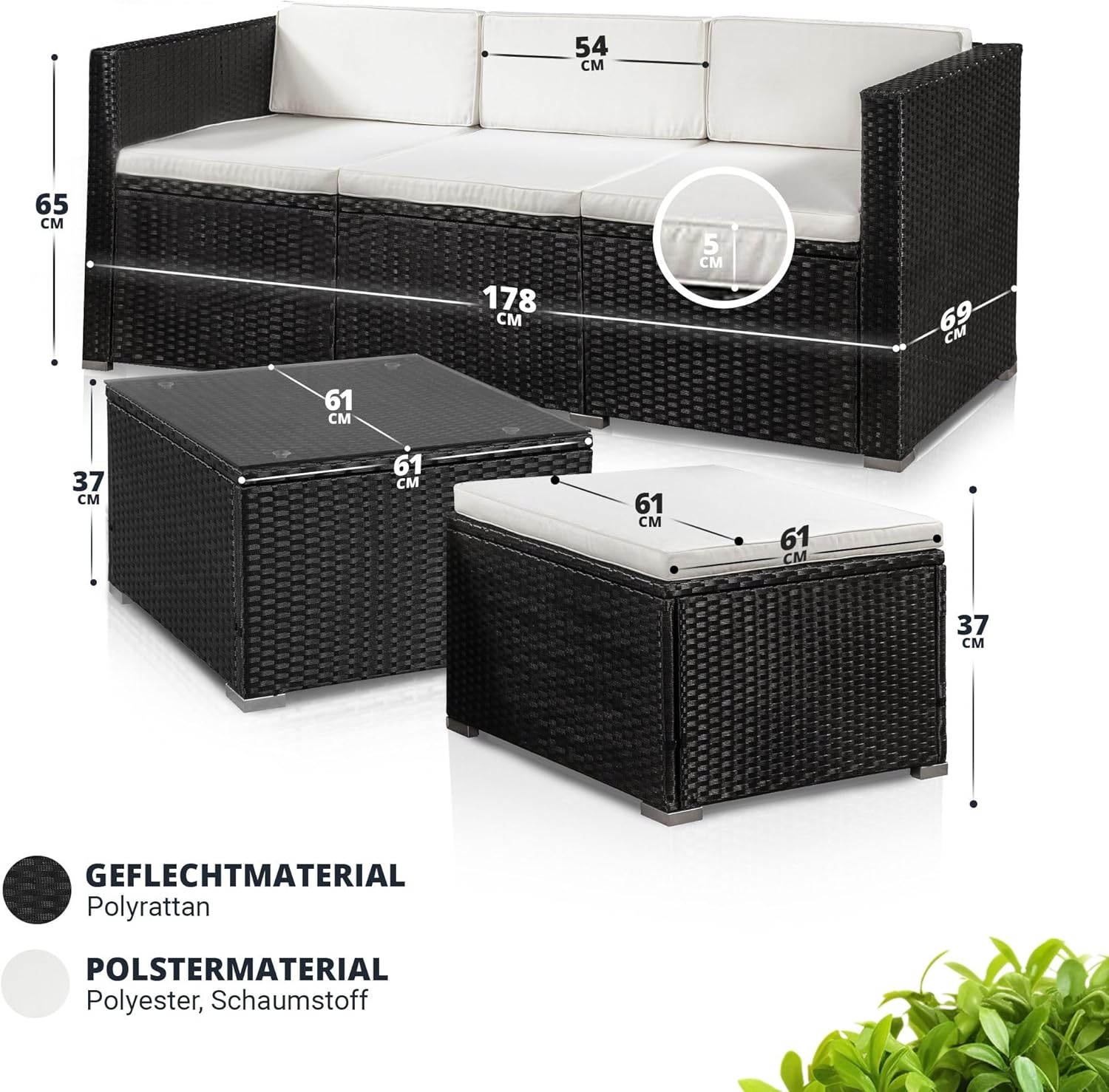 Juskys Polyrattan Lounge Punta Cana M für 3-4 Personen mit 3er Sofa, Sessel, Tisch & Kissen, Sitzgruppe für Garten, Terrasse und Balkon, Gartenmöbel Set wetterfest - schwarz/Creme