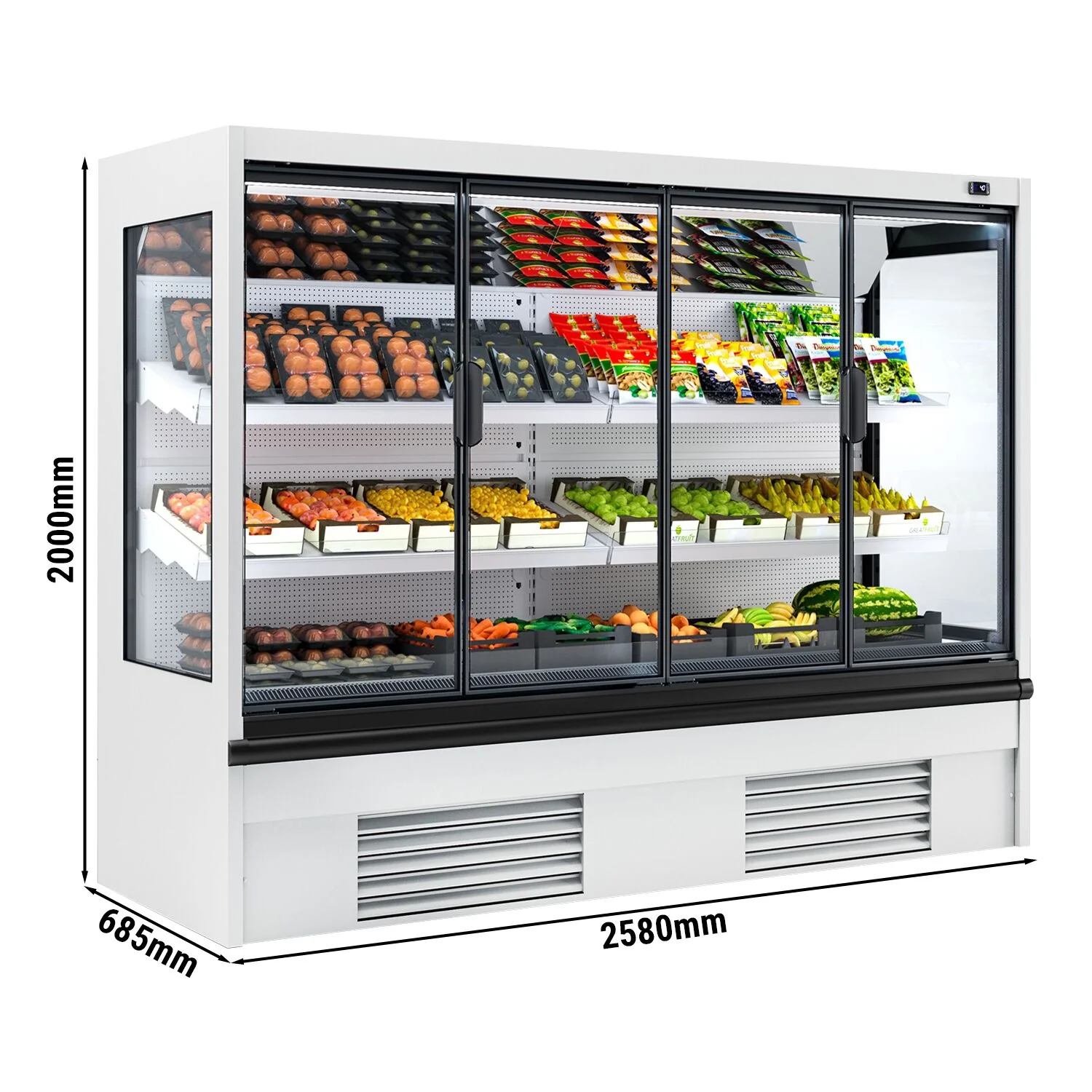 Kjølereol - 2 580 mm - 740 l - +4 °C til +6 °C - med 4 hengslede glassdører, med dobbelt isolerglass & 2 hyller - hvit