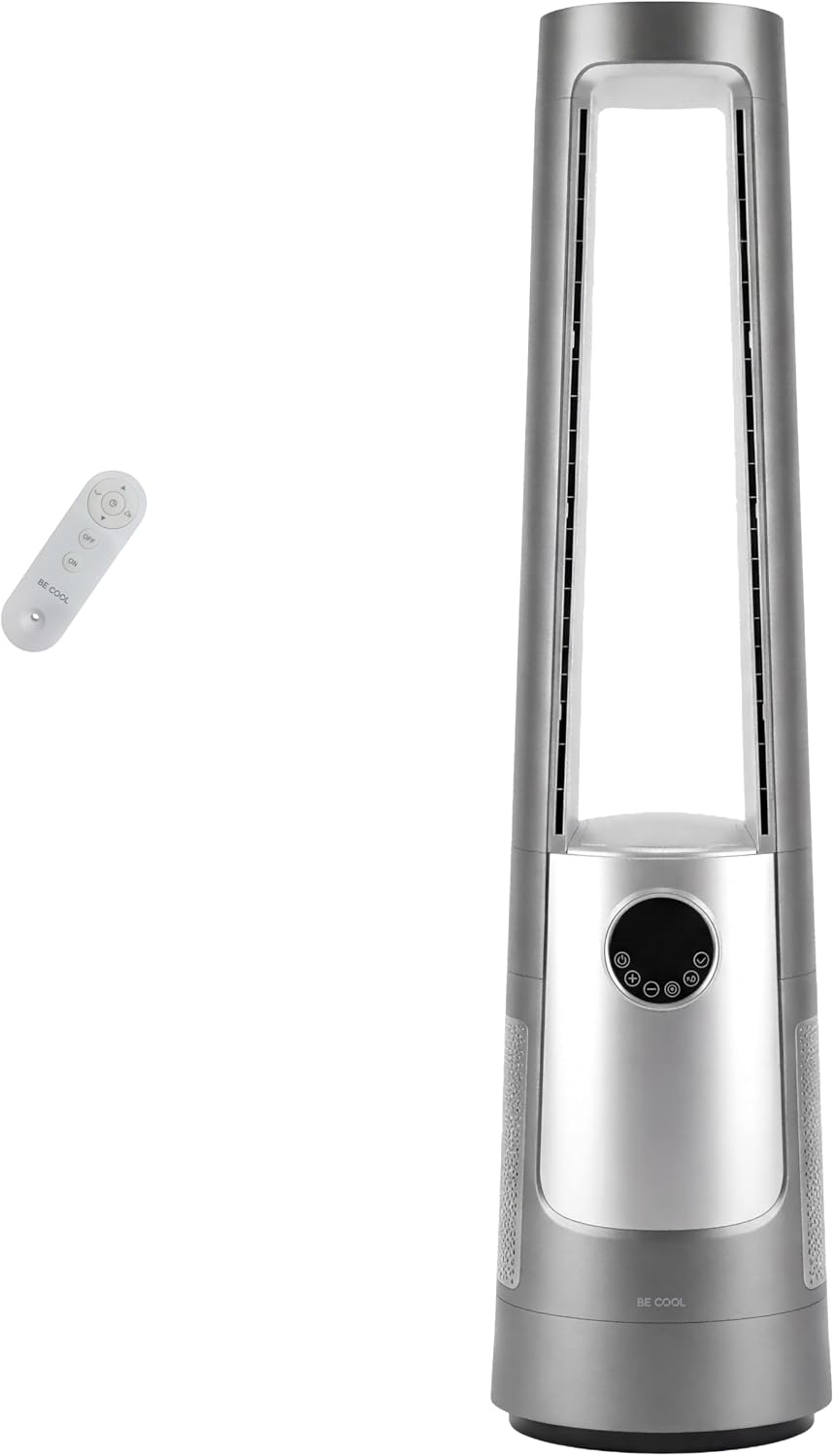 BE COOL AuraSilk Turmventilator 103 cm mit H13-HEPA Filter, rotorlos, 12 Stufen, 55 W DC-Motor, Fernbedienung, Timer, Schwenkfunktion, Luftreiniger