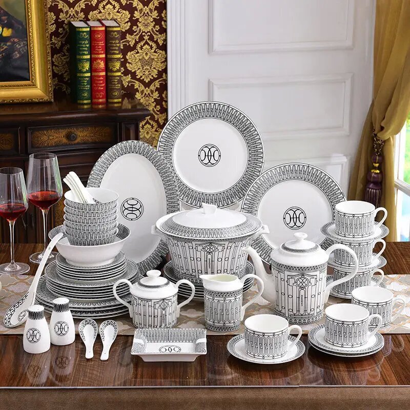 Elegant Tableware 58-Piece Bone China Dinnerware Set, Black Striped, Under Glazed, for Home & Restaurant Use