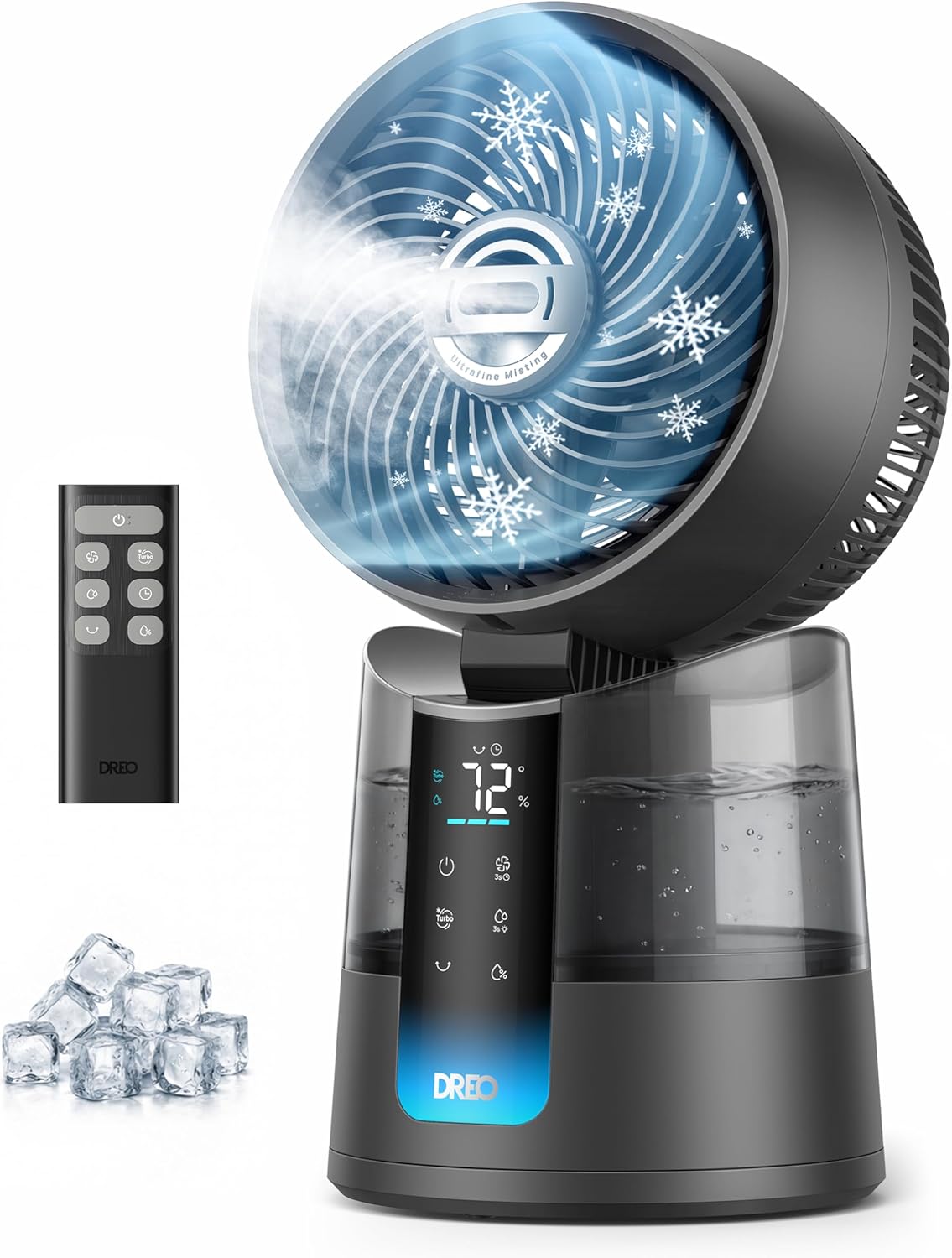 DREO TurboCool Ventilateur brumisateur 516, omnidirectionnel 150° + 30°, ventilateur de refroidissement oscillant qui souffle de l'air froid, vent de 7,9 m/s, brume ultrafine, 20 dB, réservoir de 1,3