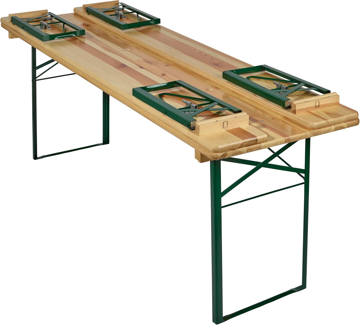 METRO Professional Bierzeltgarnitur, 3-TLG. Gartenmöbel Set, 1 Bier-Tisch 220 x 70 cm, 2 Bierbänke 220 x 25 cm, Klappbar, Naturbraun/Grün