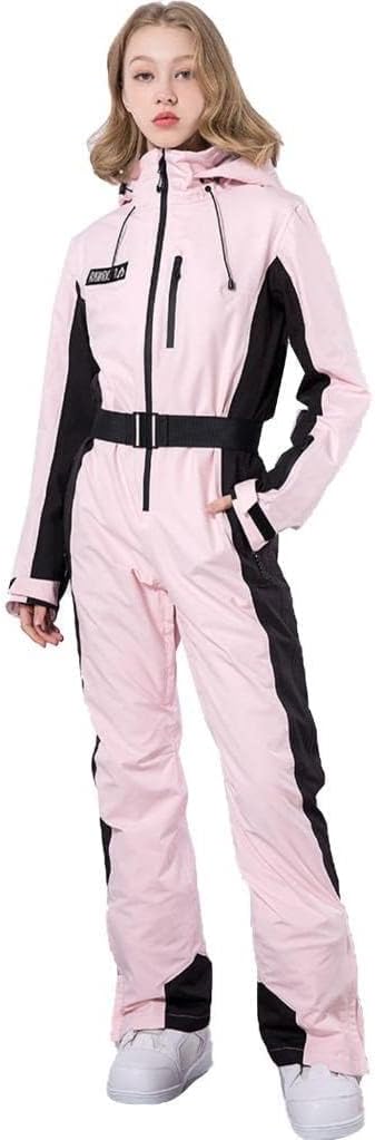 ALSOGO Einteiliger Skianzug für Damen, Skioverall 10,000mm wasserdichter Schneeanzug mit abnehmbarer Pelzkragen Mantel Gürtel, Warm Isoliert Skibekleidung für Outdoor Winter Skifahren Snowboard