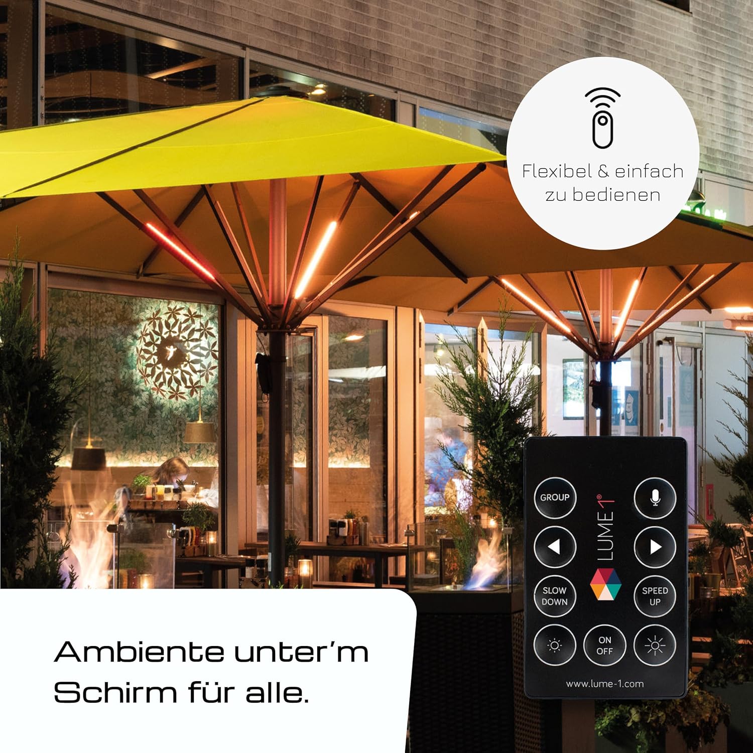 Lume1 Sonnenschirmbeleuchtung mit Fernbedienung, Lampen für Gastronomie, 4 LED Leisten, warmweiß mit 1000 Lumen, 2700 Kelvin, angenehme Beleuchtung, Akku enthalten (smart 4er Set Mo2026)