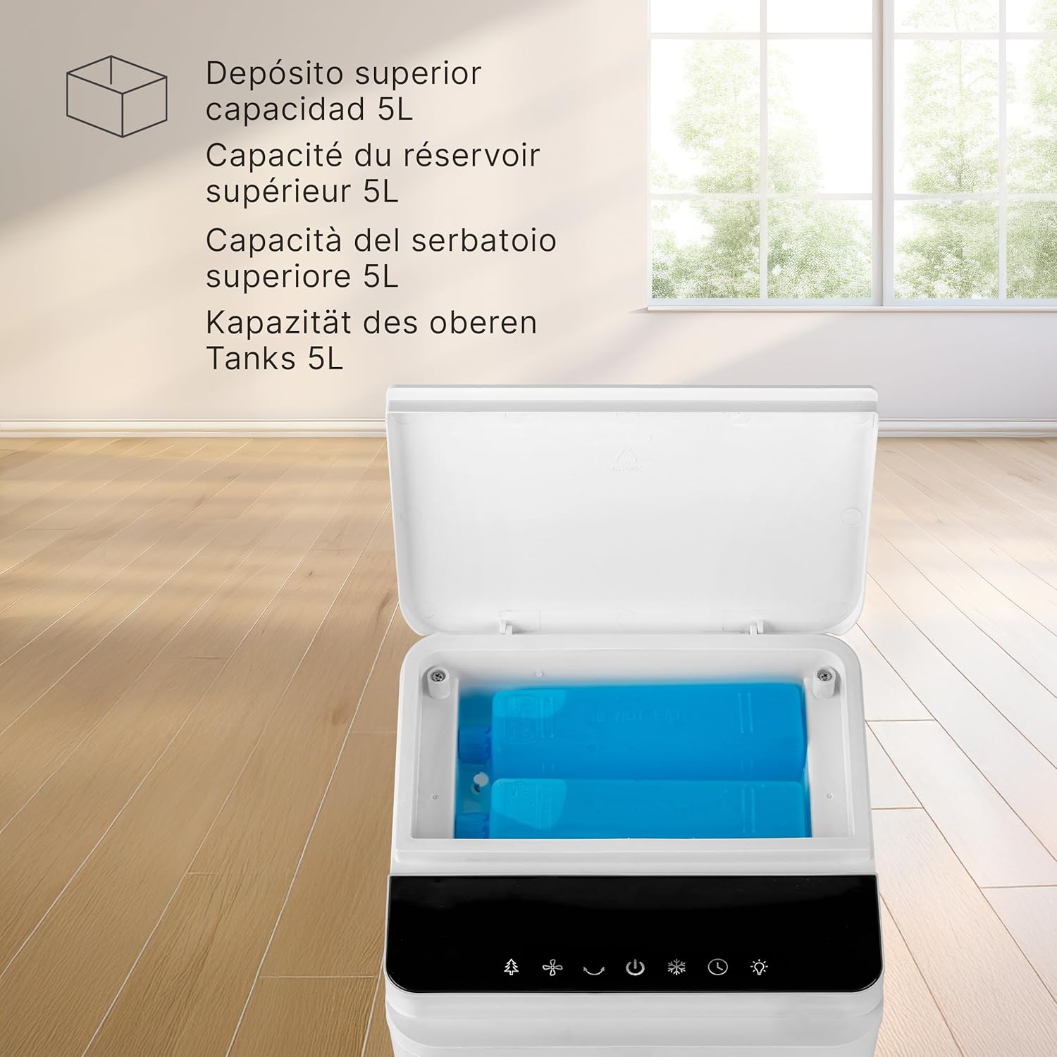 Ufesa Narvik Verdunstungskühler, 65W, Kühlfunktion und Ventilator, 3 Geschwindigkeiten, 3 Modi, Touchpanel, 5L Wassertank, 12h Timer, Waschbarer Filter, 2 Kühlakkus, Fernbedienung