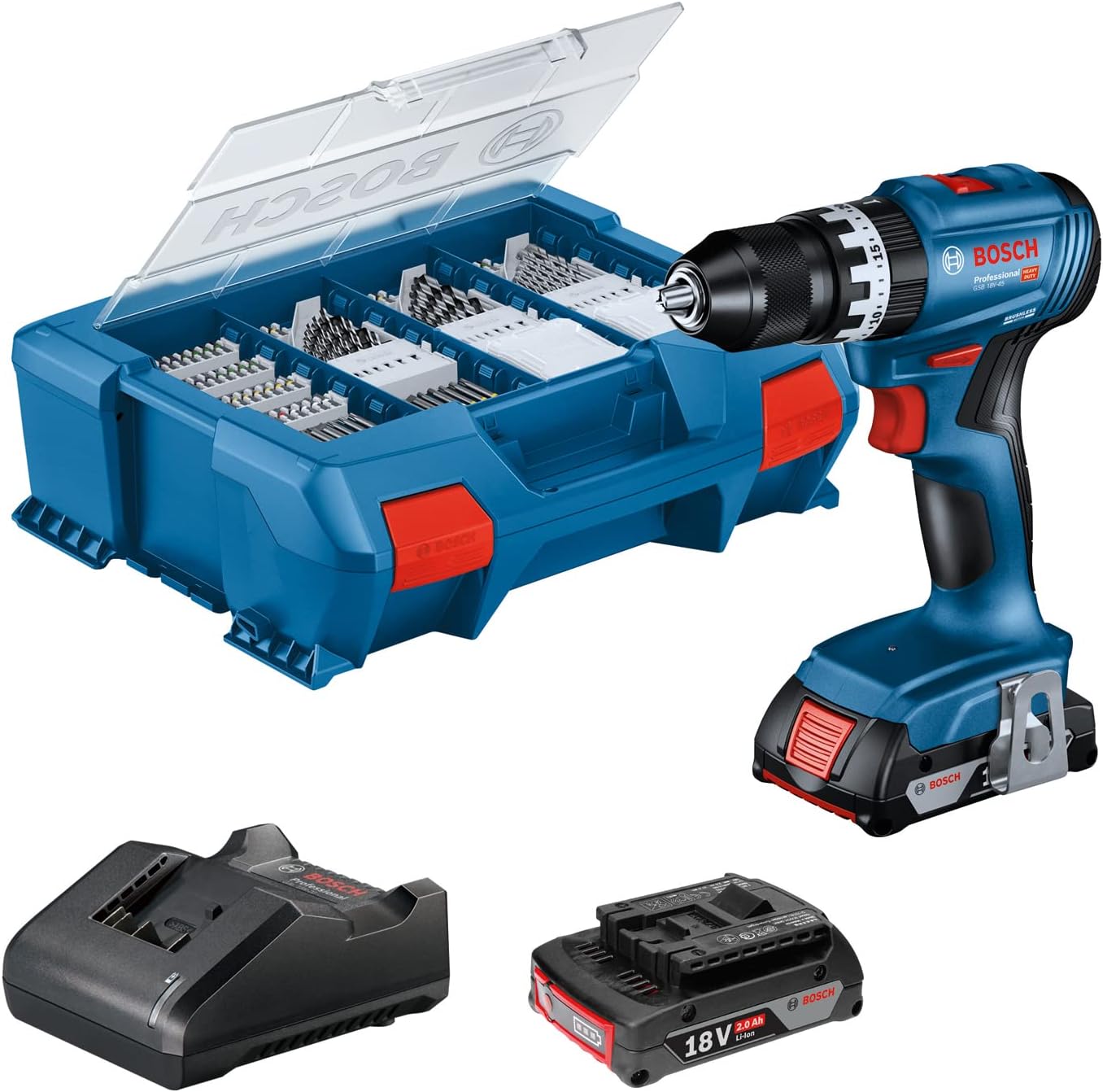 Bosch Professional 18V System Akku Schlagbohrschrauber GSB 18V-45 (Drehzahl 1.900 min⁻¹, inkl. 2x 2.0Ah Akku, GAL 18V-2082, 82-teiliges Zubehör-Set, L-Case Pick & Click)