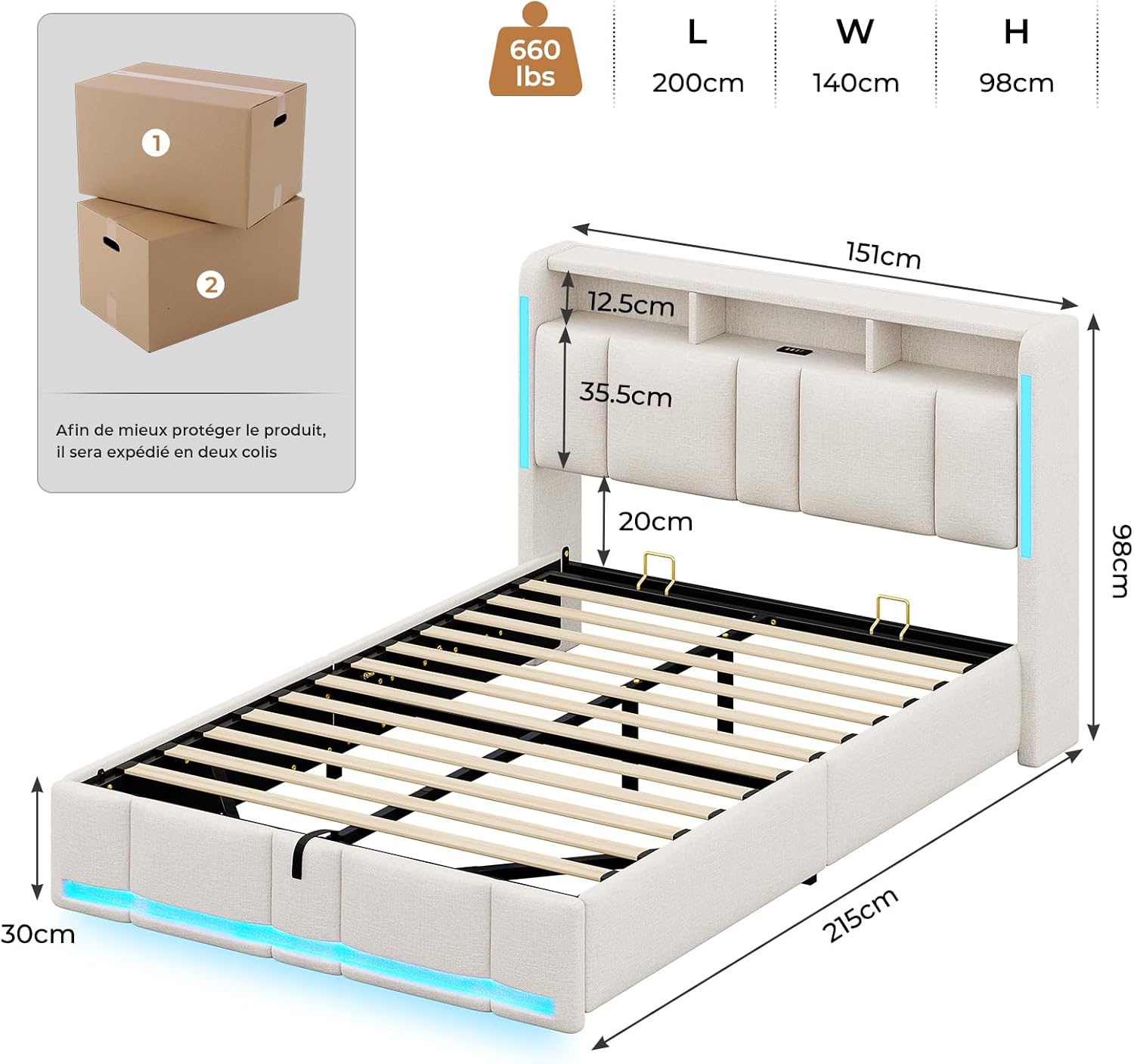 AOGLLATI Polsterbett 140×200 mit Steckdosen & LED Beleuchtung, Doppelbett mit Stauraum Kopfteil & Hydraulischem Stauraum, Bettgestell mit Lattenrost, Jugendbett 140×200, Linen, Ohne Matratze, Beige