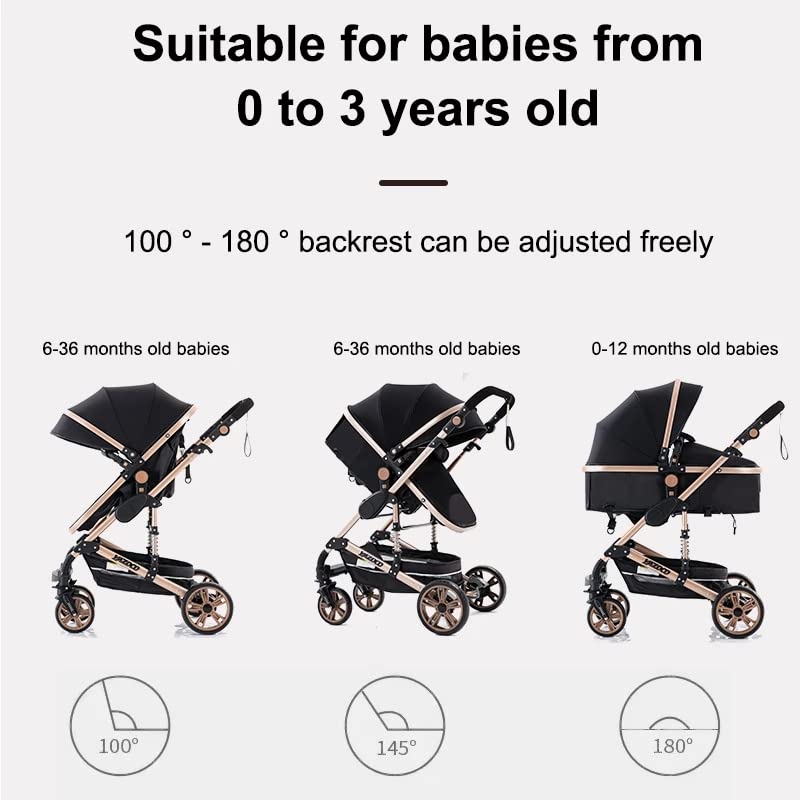 YAZOCO kinderwagen 3 in 1 Buggy Babybett Komplett Set Einem Klick Zusammenklappbarer Kinderwagen, KombiKinderwagen Aluminiumrahmen für Neugeborene Sitzzubehör (1 schwarz)