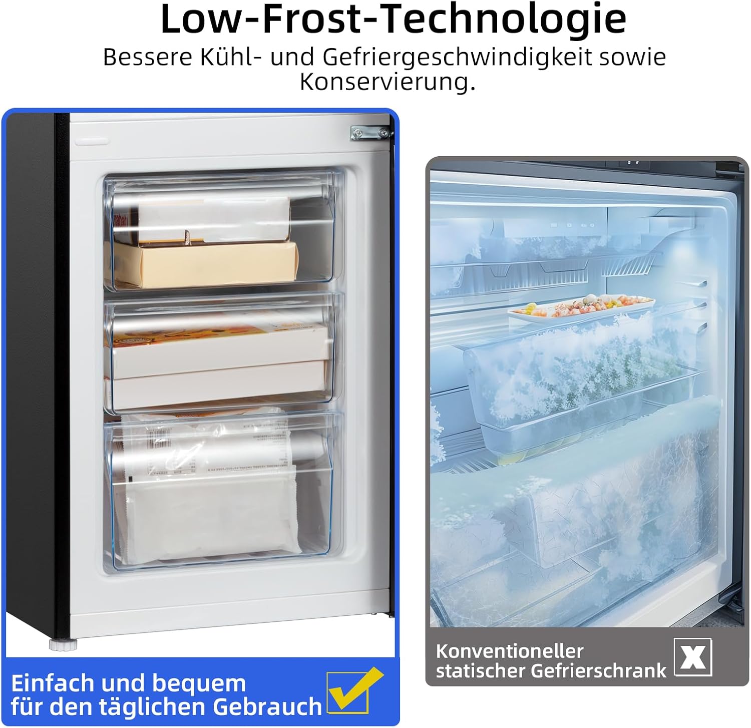 CHIQ CTT107BC Kühlschrank Klein 107 Liter, Höhe 84cm, Tiefe 55cm, Platzbedarf nur 0,3 ㎡, Mikro-Gefrierfach, Vario Box, 7 Temperaturregelstufen, geräuscharm, 87 kWh/Jahr, Schwarz