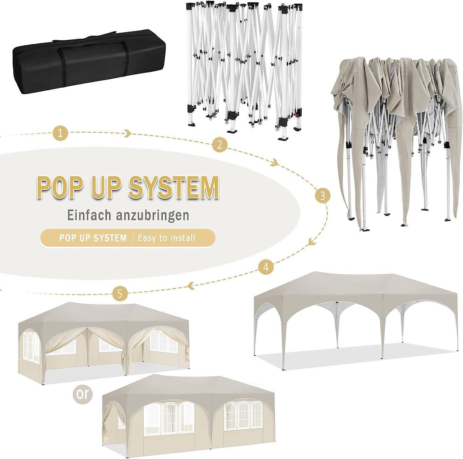 Sonnenschutz Überdachung Terrasse Garten Pavillon 3x6m wasserdicht stabil UV50+ mit 6 Seitenwänden höhenverstellbar Sonnenschirm Pop-up Faltpavillon für Camping & Party