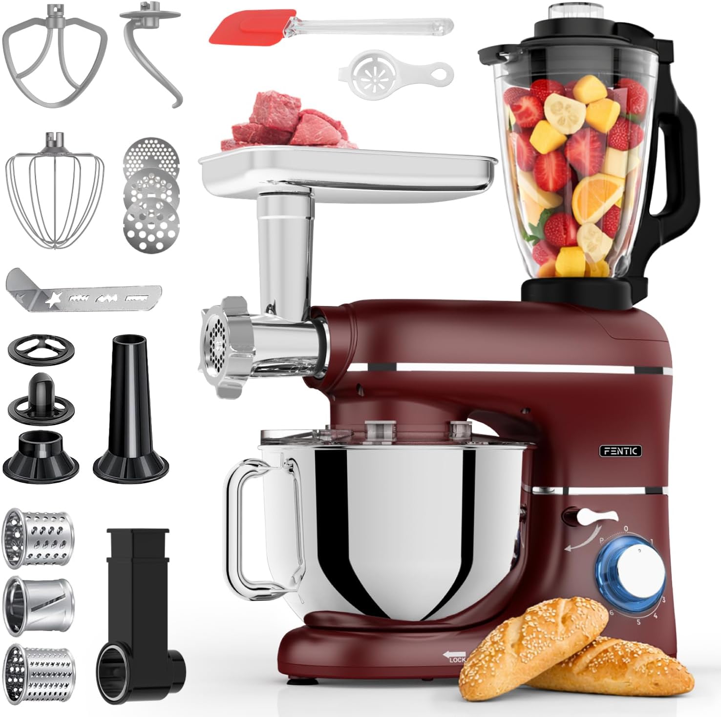 6-in-1 Küchenmaschine – 2000W – Mit Fleischwolf, 1,5L Entsafter, Gemüseschneider und Mehr – Knetmaschine mit 6,2L Rührschüssel, Rührhaken, Knethaken, Schlagbesen und Spritzschutz (Rot)