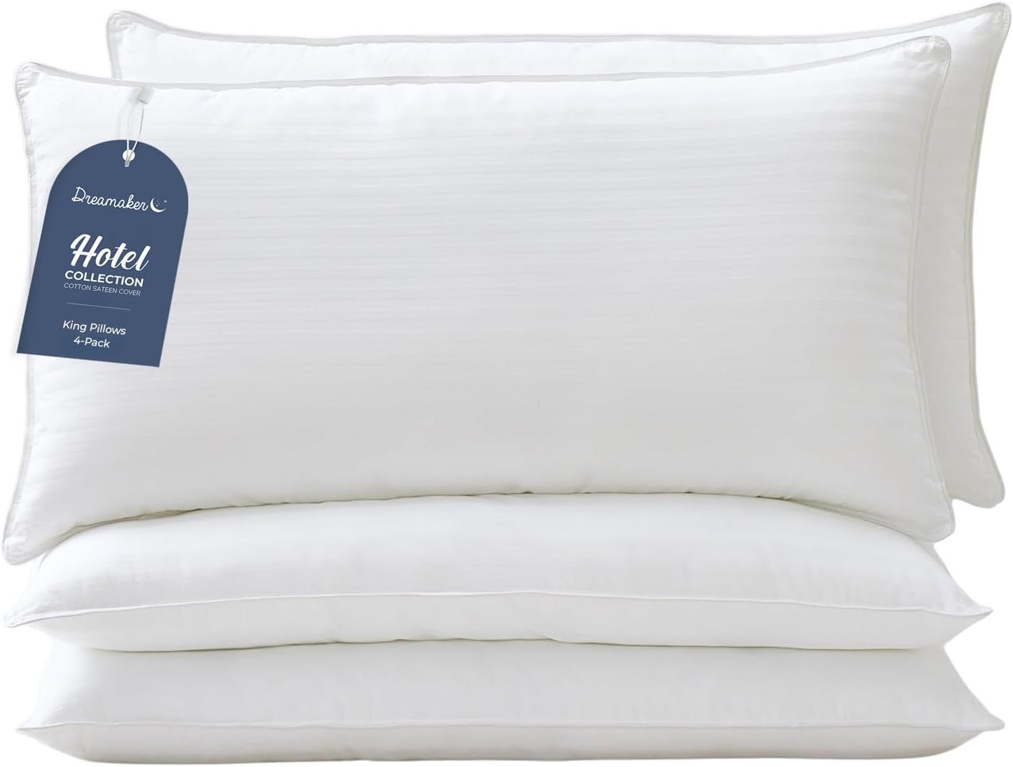 Dreamaker King Size 4-Piece Pillow Set for All Sleeping Positions - Hypoallergenic Cotton with Striped Sateen Cover