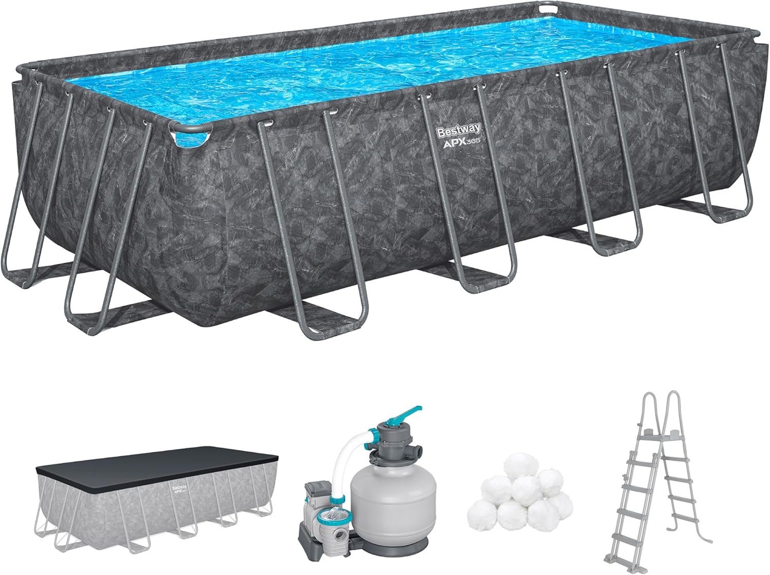 Bestway APX365 Winterfestes Frame Pool Set, Sandfilteranlage, 549 x 274 x 132 cm, 16.477 L, Stahlrahmen, Polar-Shield, Dunkle Marmor-Optik, Sicherheitsleiter, Abdeckplane, Werkzeugloser Aufbau, DEKRA