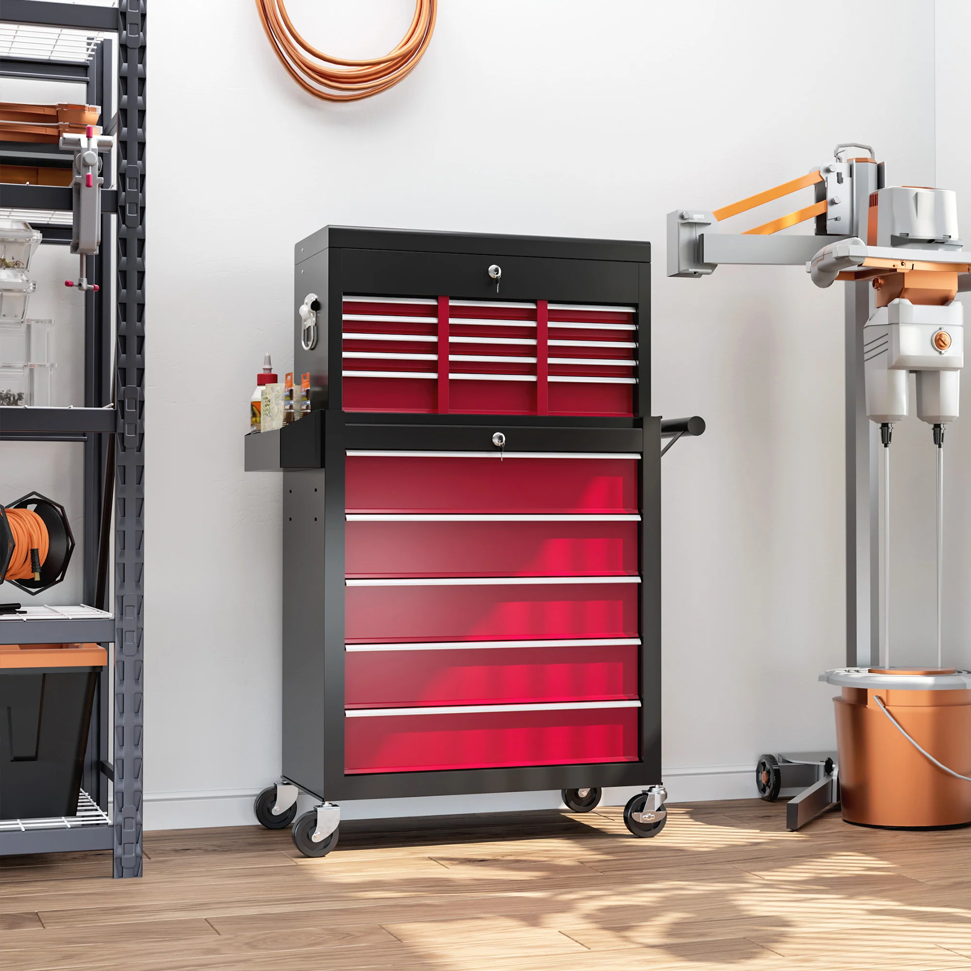 HOMCOM Gereedschapswagen, Tweedelig, Afsluitbaar, 14 Laden, Zijwand met Gaten, Staal, Rood