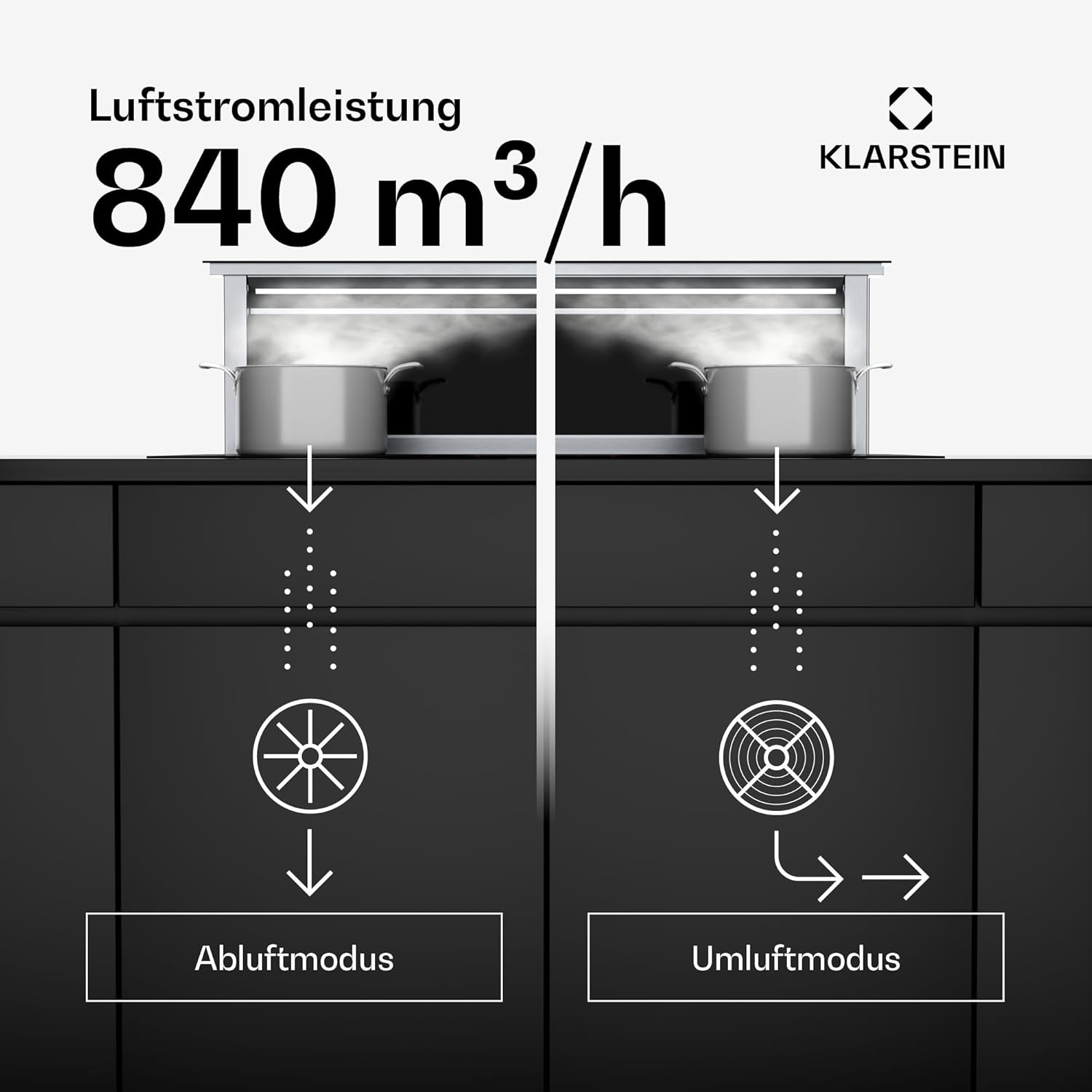 Klarstein Downdraft-Dunstabzugshaube, Versenkbare Abzugshaube, Leise Dunstabzugshauben mit Filter, Dunstabzugshaube 60cm, Umluft/Abluft Dunsthaube mit 10 Stufen, Dunstabzug 576 m³/h Luftstrom