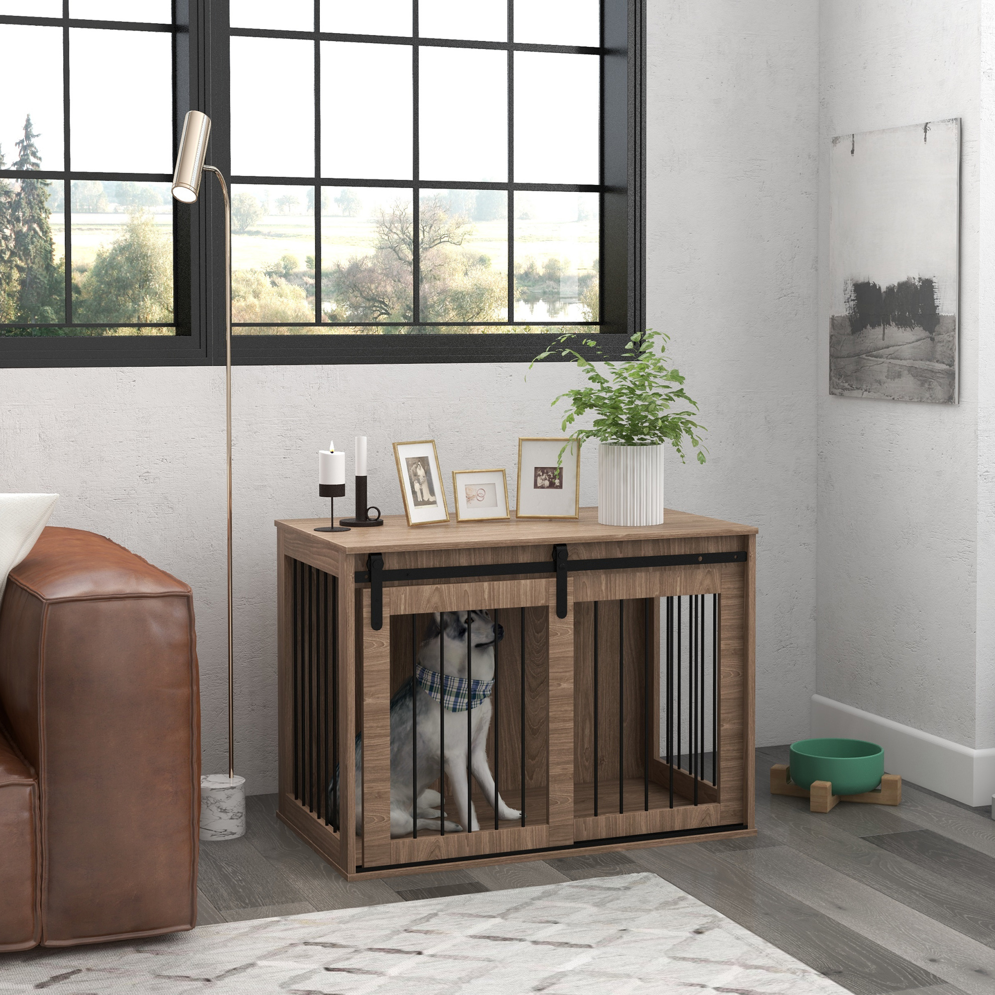 PawHut Hondenbench Hondenkooi, Afsluitbaar, Houtlook, Rustiek Ontwerp, 98 cm x 58 cm x 67 cm, Walnoot + Zwart