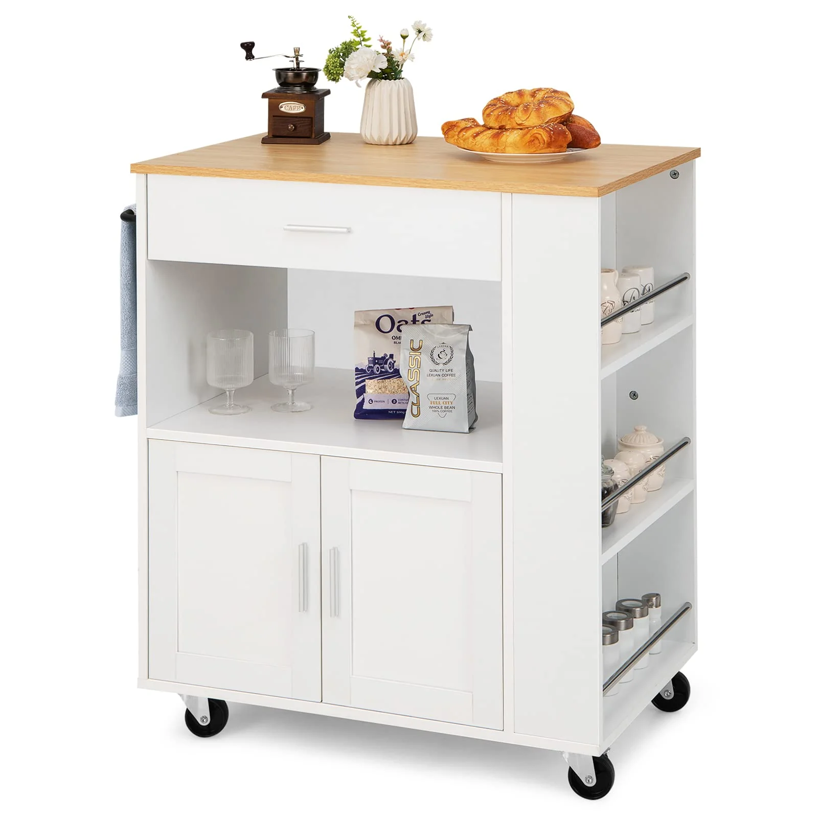 Giantex Kitchen Island Trolley, Rolling Kitchen Serving Trolley w/ 3 Spice Racks, Drawer, Open Shelf & Large Cabinet