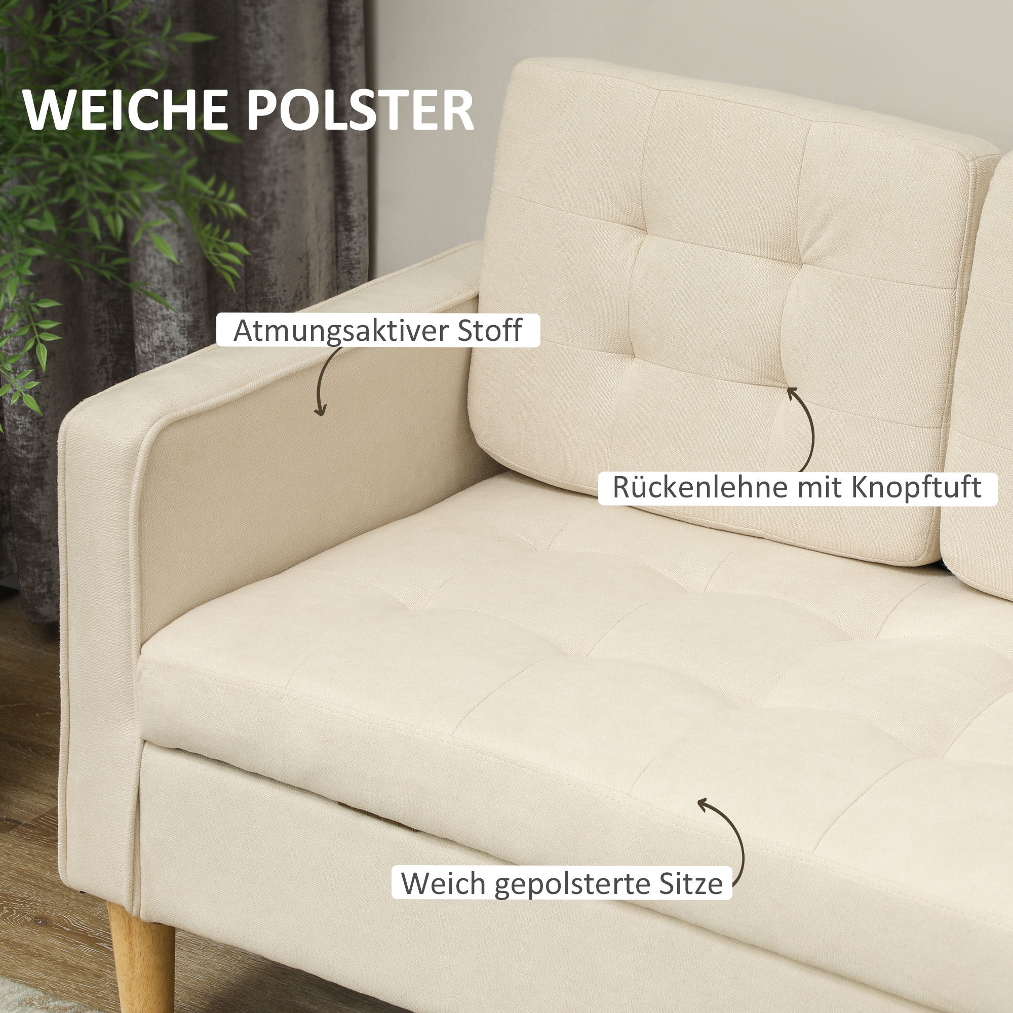 3-Zits Sofa met Opbergruimte, Knoopstiksel, Gepolsterde Bank, 166,5 x 62 x 82 cm, Cr��mewit