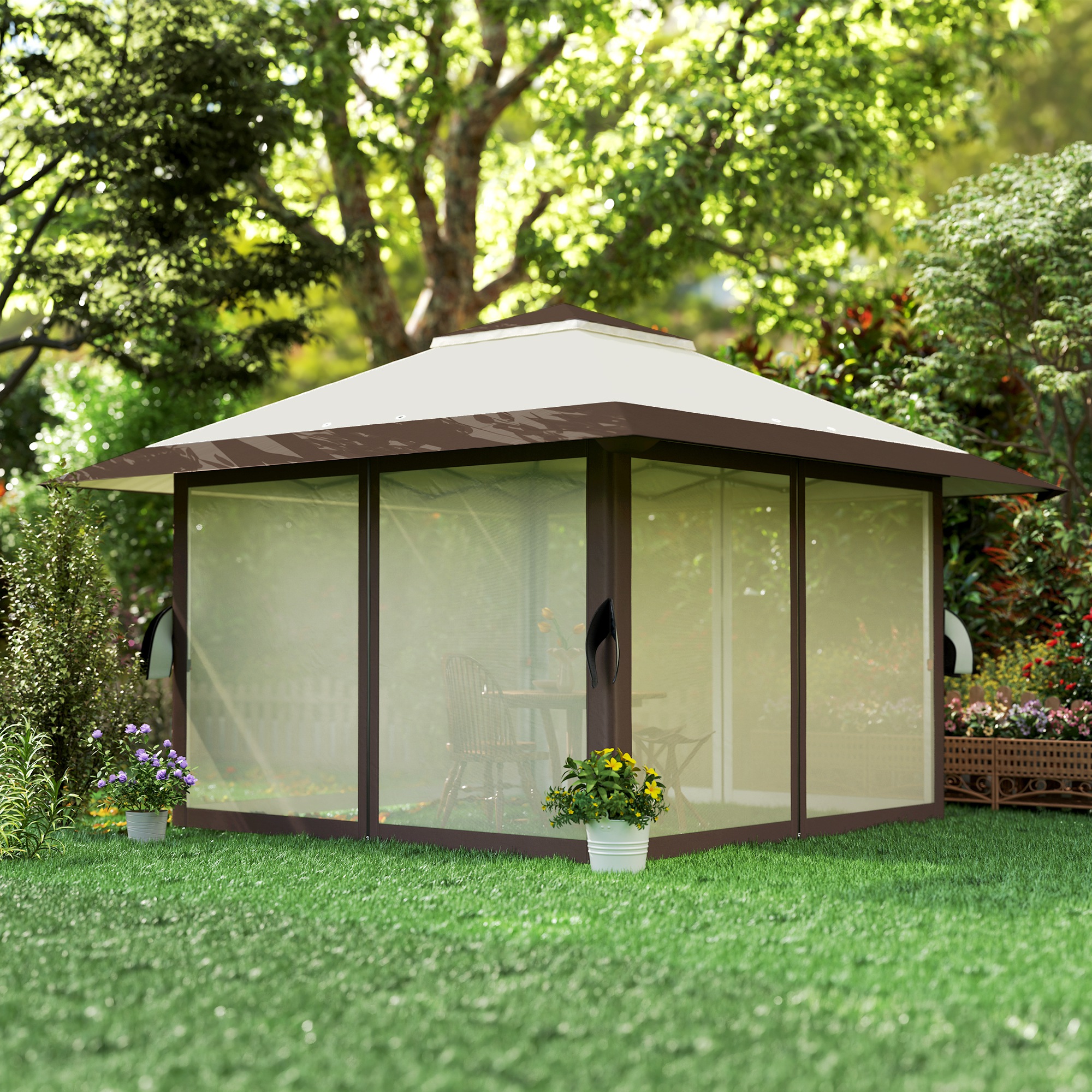 Outsunny 4 x 4 m Tuin Paviljoen, Tuinent met Netwanden, UPF50+ Bescherming, Hoogteverstelbare Partytent, Beige