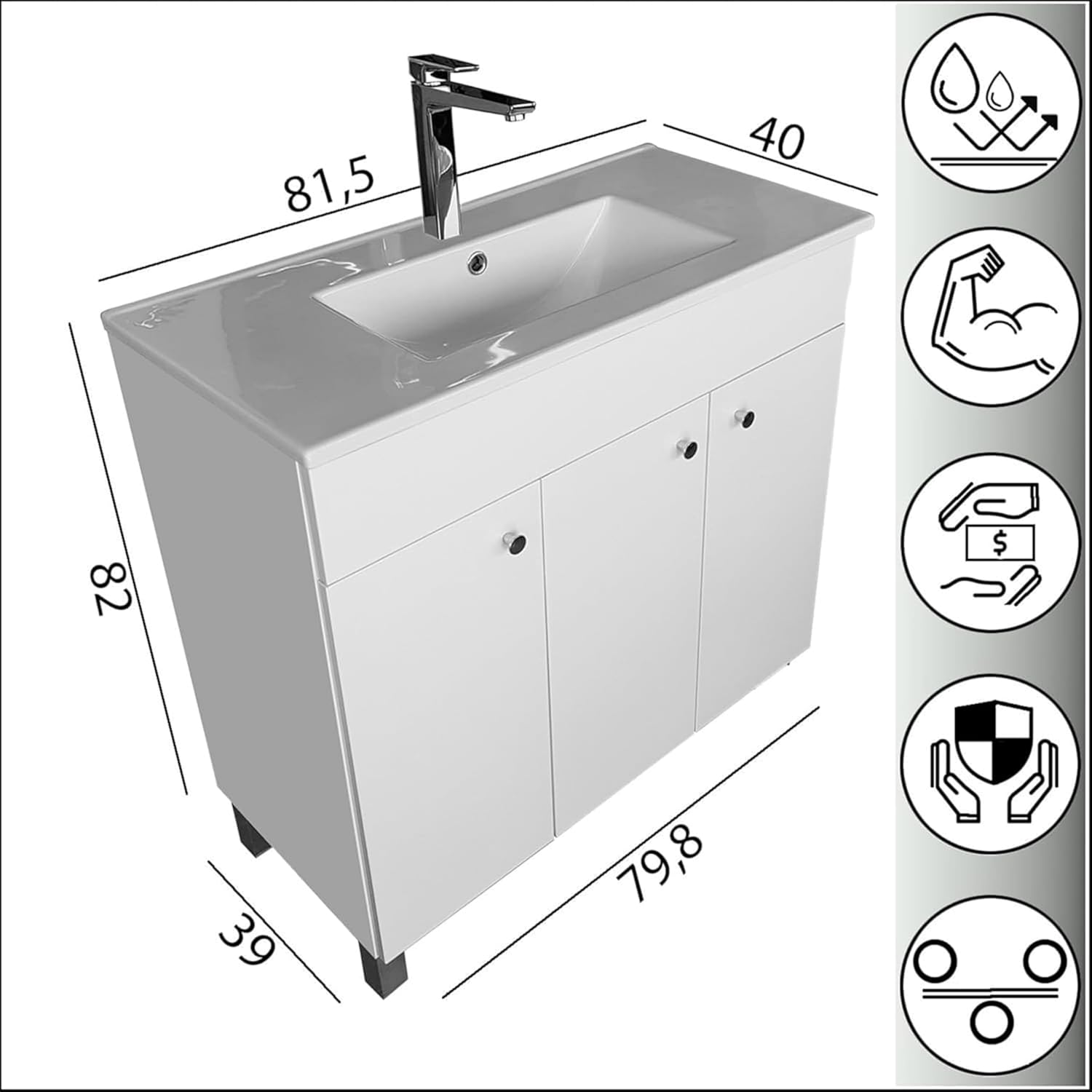 Waschbecken mit Unterschrank 80 cm Breit | Badezimmerschrank IGA Sink | Badmöbel Set für Badezimmer & Gäste-WC | Waschtisch mit Unterschrank Stehend | Waschbeckenunterschrank Weiß