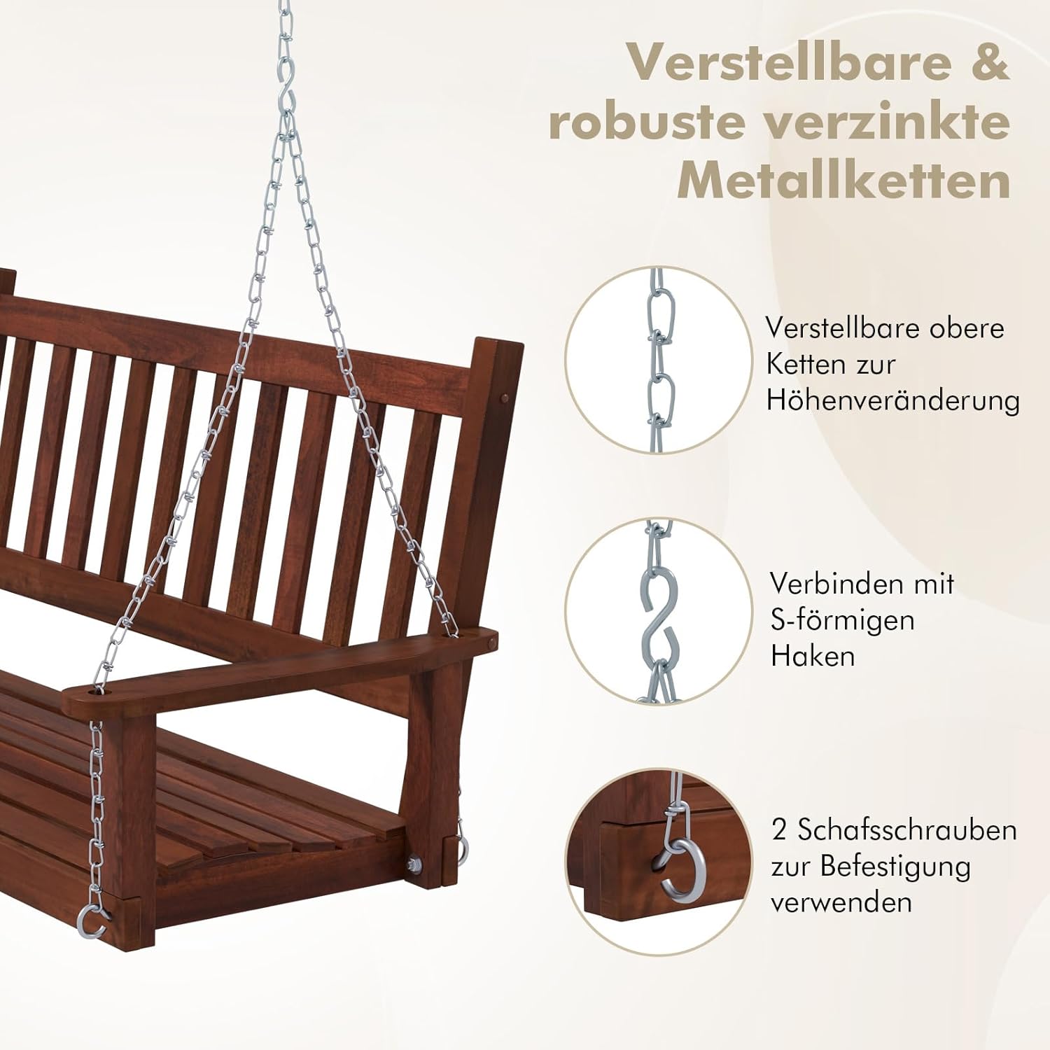 COSTWAY Hängebank aus Massivholz, 3-Sitzer Gartenschaukel zum Aufhängen, Hollywoodschaukel bis 360 kg belastbar, Outdoor-Schaukelbank für Terrasse, Garten, Hof, Braun, 168 x 65 x 63 cm