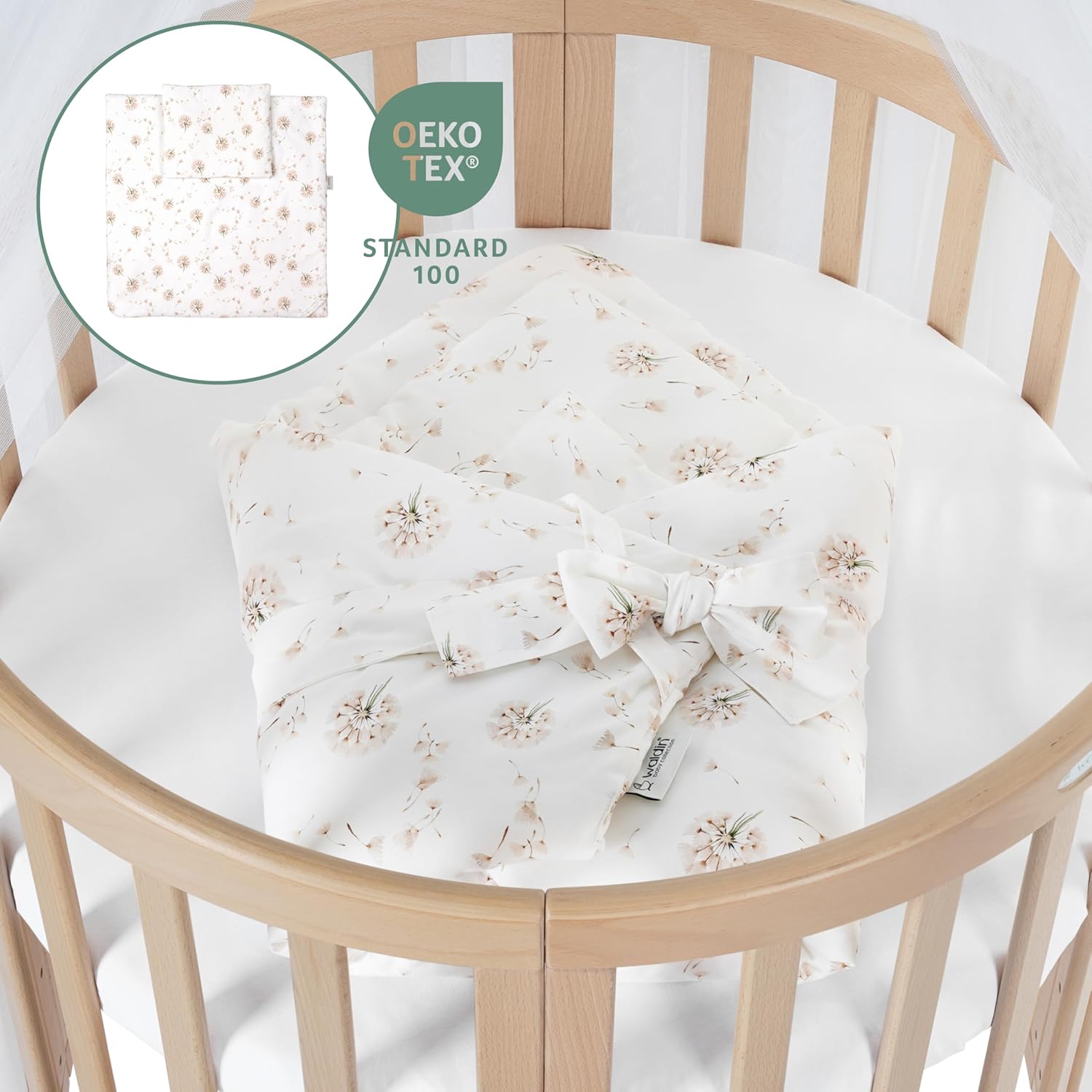 Waldin Oval Baby-Bett Mitwachsend Komplett Set 7in1, Gitterbett, Kinderbett mit Matratze, Wickelkommode, Beistellbett, Holz Weiß