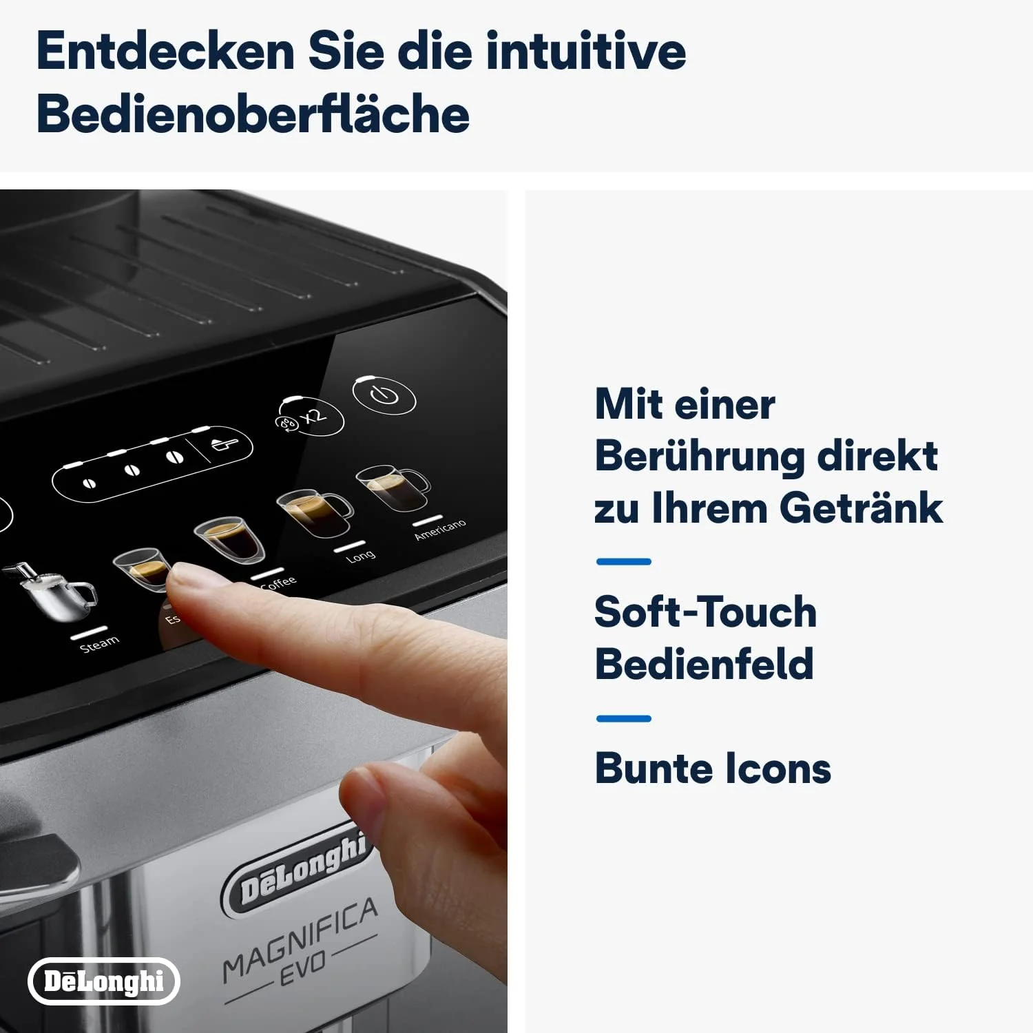 De'Longhi Magnifica Evo ECAM 292.33.SB volautomatische espressomachine met melkopschuimmondstuk, 5 directe keuzeknoppen voor espresso, koffie en koffiespecialiteiten, intu?tief bedieningspaneel, 2-kopsfunctie, zilver/zwart