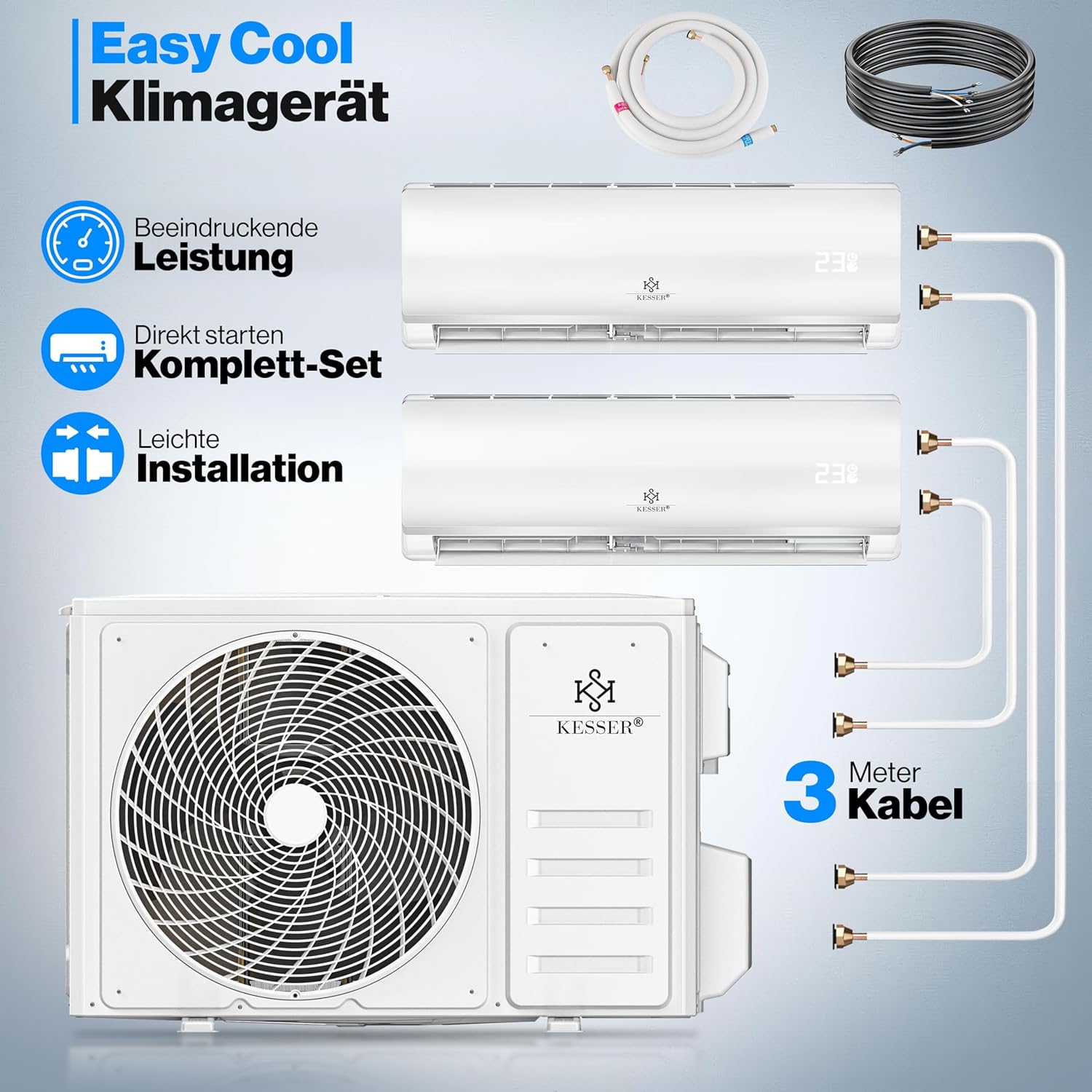 KESSER® Multisplit Klimaanlage 2 Innengeräte, 18000 BTU, Split Klimagerät Set mit WiFi/App, Heizen & Kühlen, Inverter, Eco-Modus, Luftentfeuchter & Ventilator, sehr leise, R32, Montagematerial