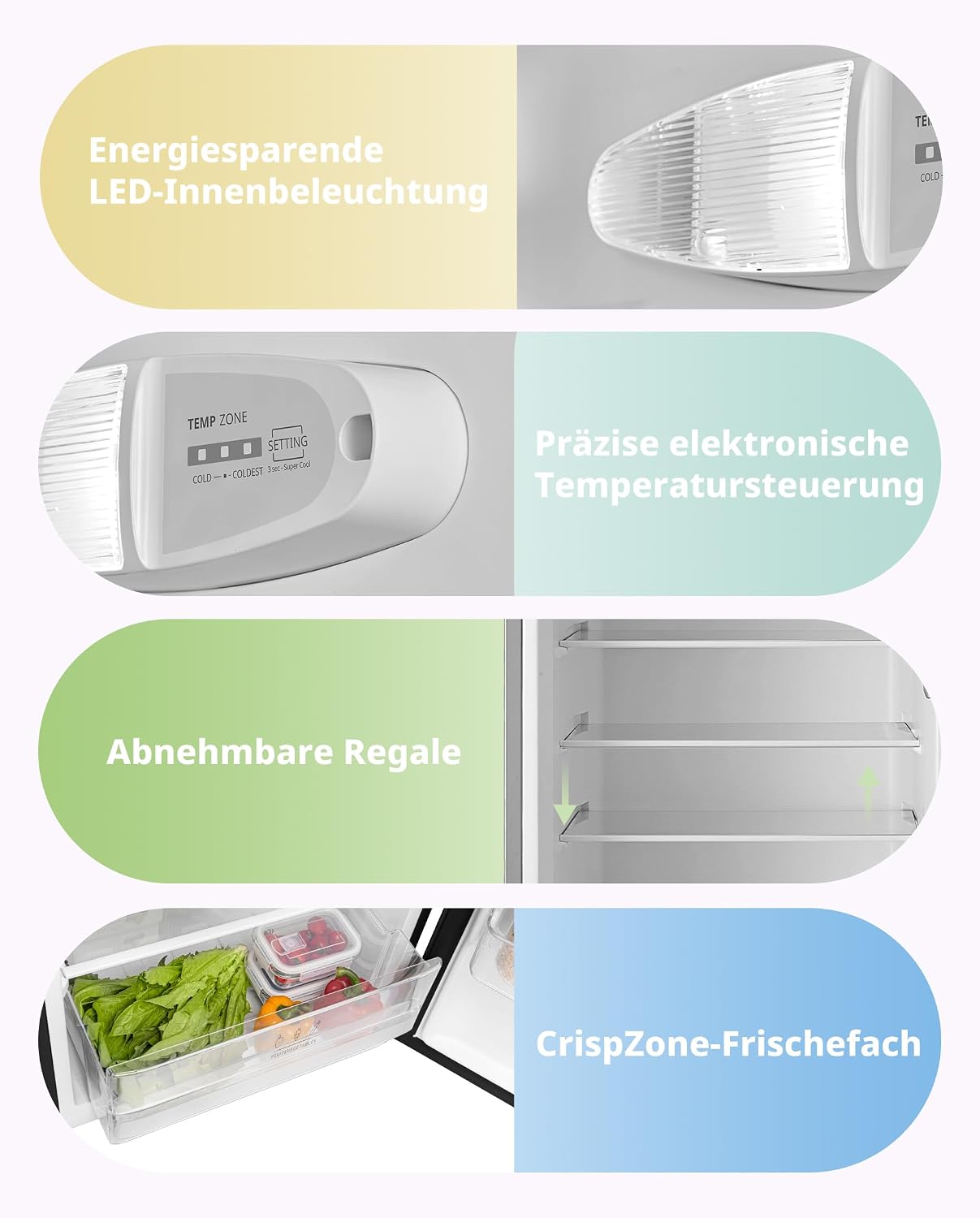 Comfee' Kühlschrank mit Gefrierfach | 204L Kühl-Gefrierkombination, 143 cm Höhe | 137 kWh/Jahr, Low Frost, Leise 39 dB, LED-Licht, Inverter Kompressor, Freistehend Silber RCT210DS3EU(E)