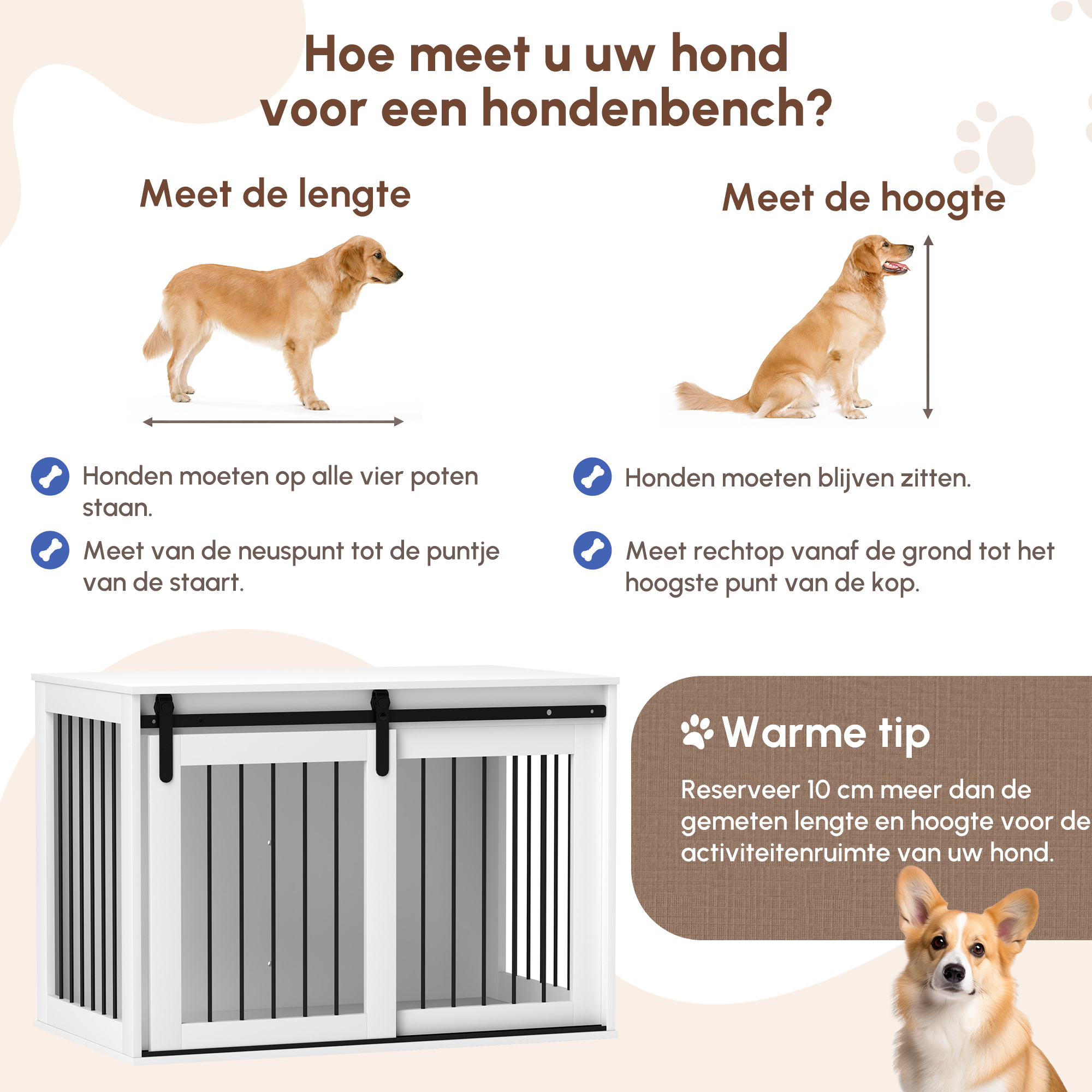 PawHut Hondenkooi met Schuifdeur, Ventilatie, Spaanplaat en Staal, 98 x 58 x 61 cm, Wit