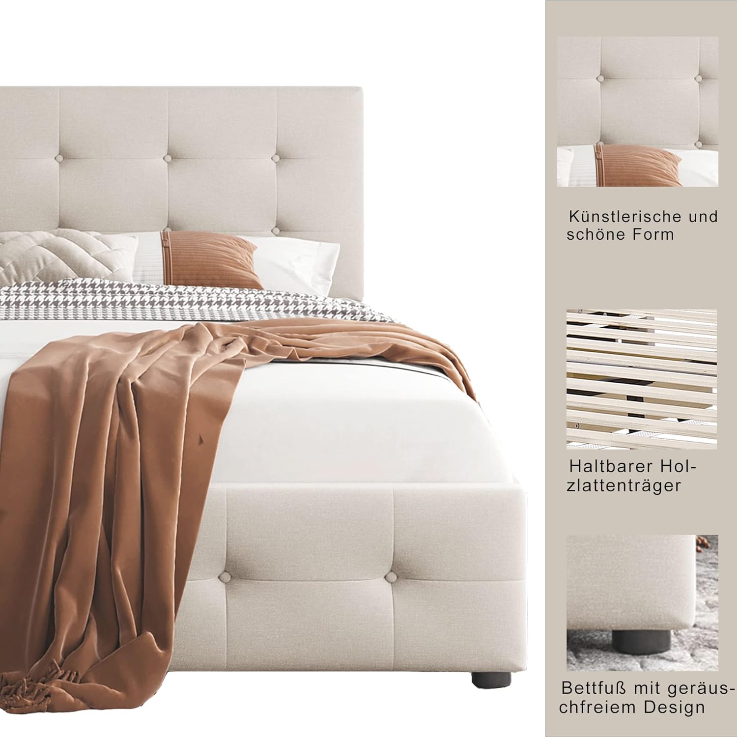 Polsterbett Doppelbett 140x200 cm, Bett mit 4 Stauraum Schubladen und Kopfteil, Bettgestell mit Lattenrost und Metallrahmen, Samt, Beige, Ohne Matratze