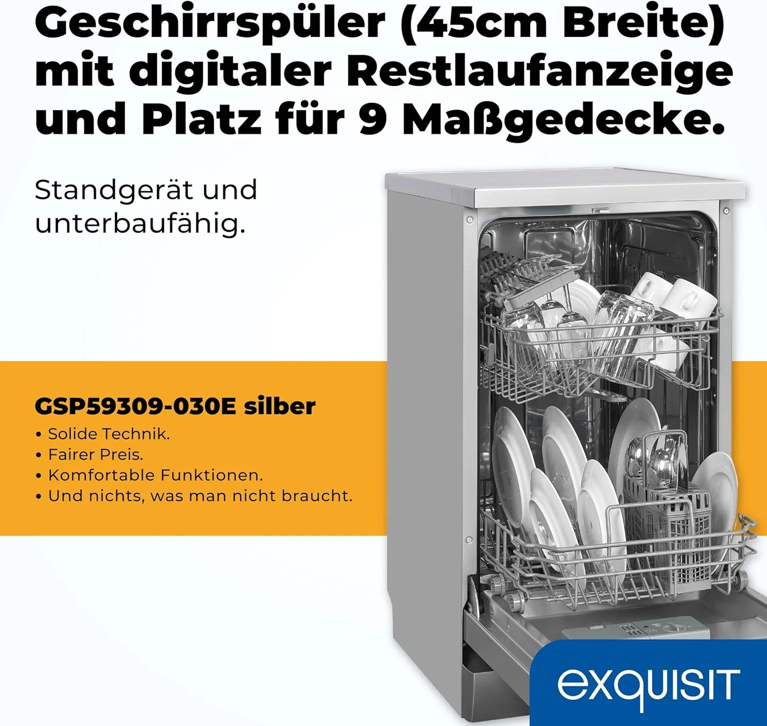 Exquisit Geschirrsp��ler, 9 Ma?gedecke, Sp��lmaschine 45 cm, Power+, ECO-Modus, Geschirrsp��ler 45 cm, GSP59109-030E silber