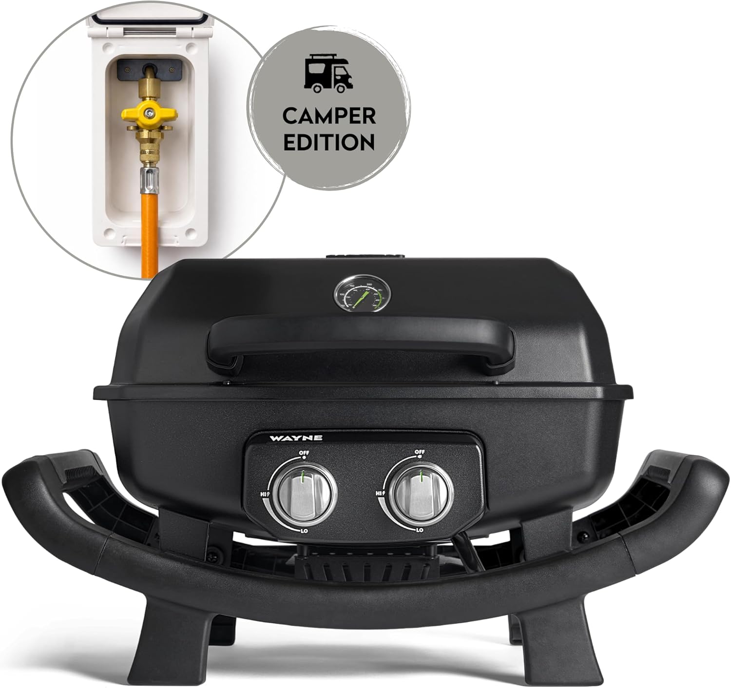 BURNHARD WAYNE 2-Brenner Balkongrill – Tragbarer Gasgrill mit 4,4 kW, 2 Grillzonen, bis 390 °C, Gusseisenroste & Abdeckhaube - Camper Edition