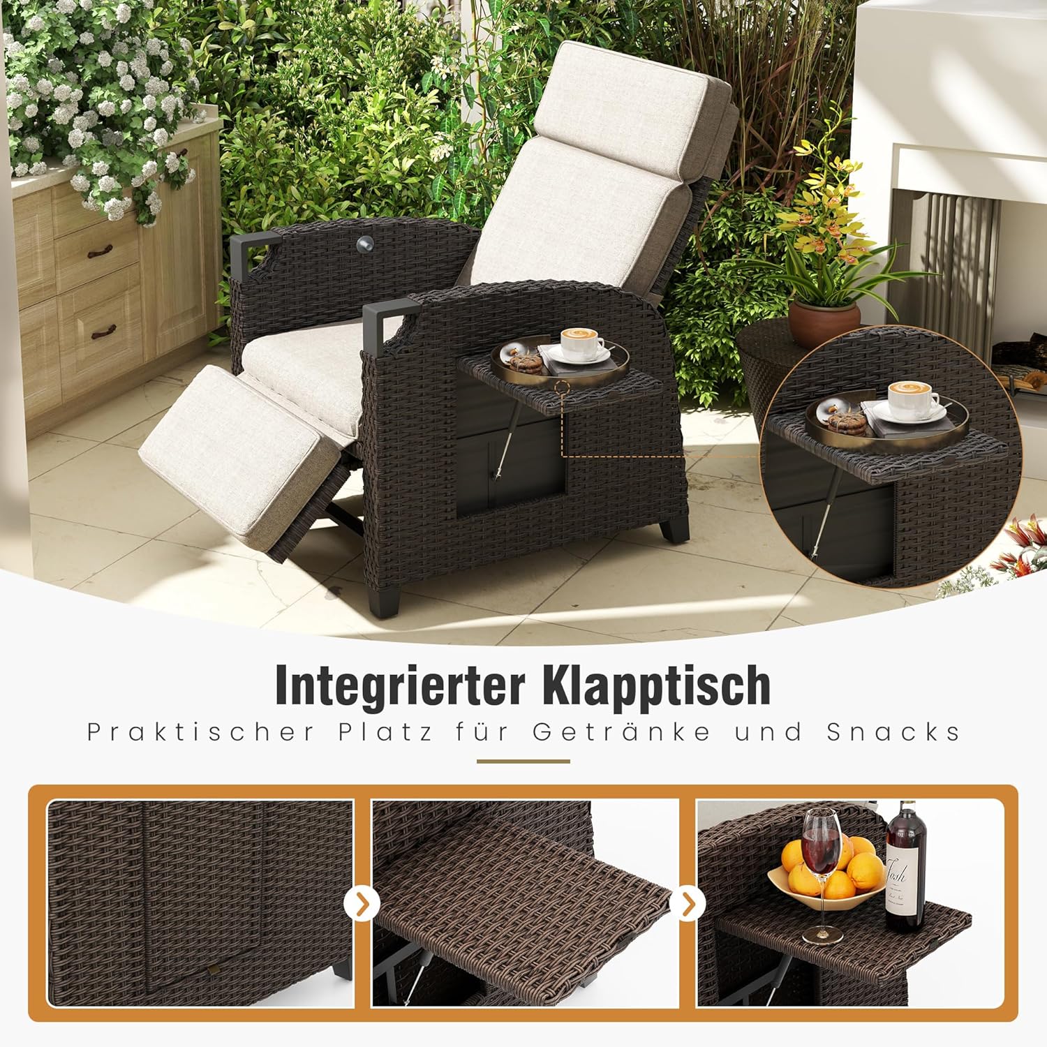 Amopatio Relaxliege Liegesessel, Rattan Sonnenliege mit Verstellbar Rückenlehne und Klapptisch, Outdoor Gartensessel wetterfestes, für Terrasse, Garten, Balkon – Beige & Braun