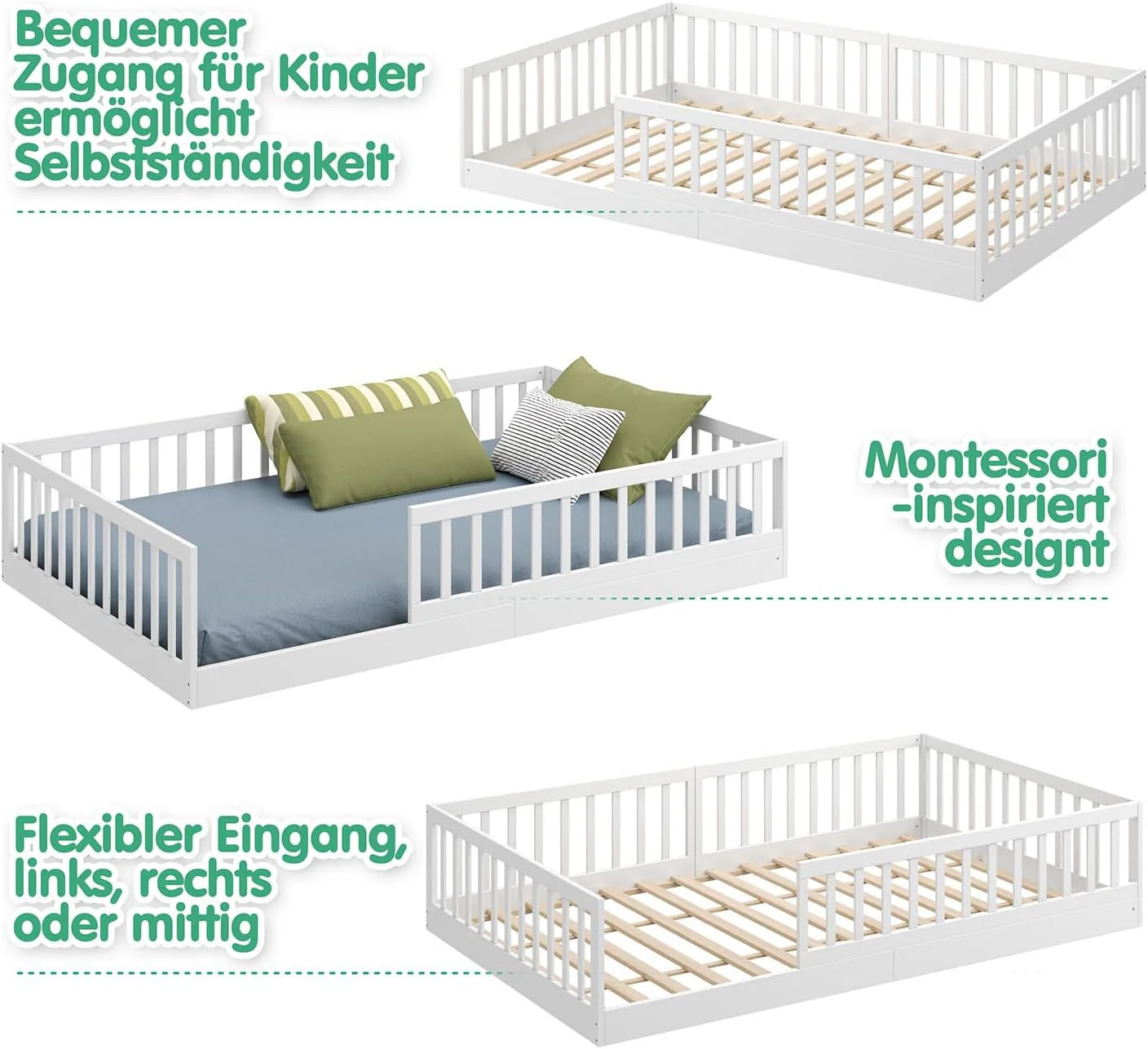 CADANI Timi 2-in-1 Vloerbed 140x200 cm Montessori Kinderbed met uitneembare valbeveiliging incl. lattenbodem, massief grenenhout, wit - 3 opbouwmogelijkheden, belastbaar tot 200 kg, ombouwbaar
