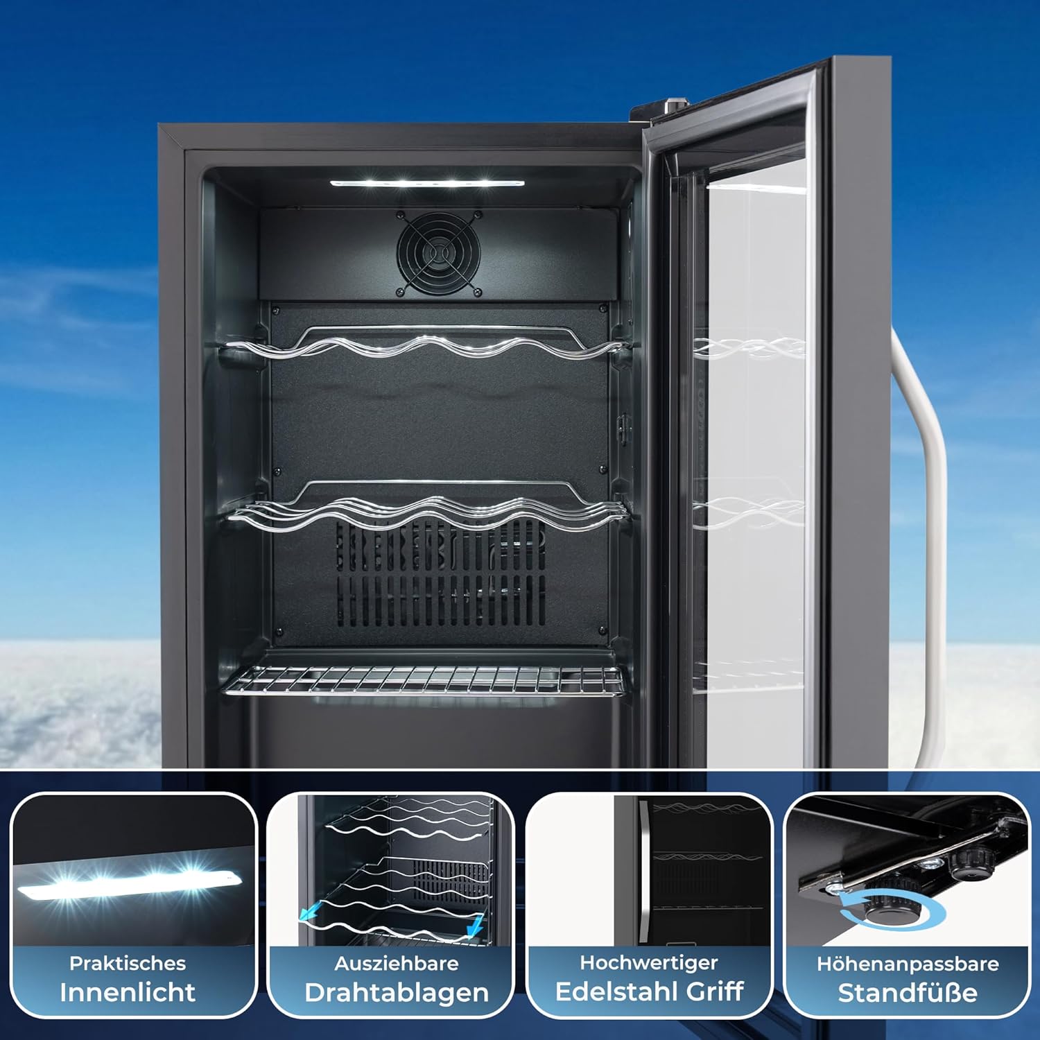 KLAMER Getränkekühlschrank 60 L, Mini Kühlschrank bis 60 Dosen, 0–20°C Touch Display, Glasfront, Automatische Abtaufunktion, Edelstahlgriff, Kühlschrank ohne Gefrierfach