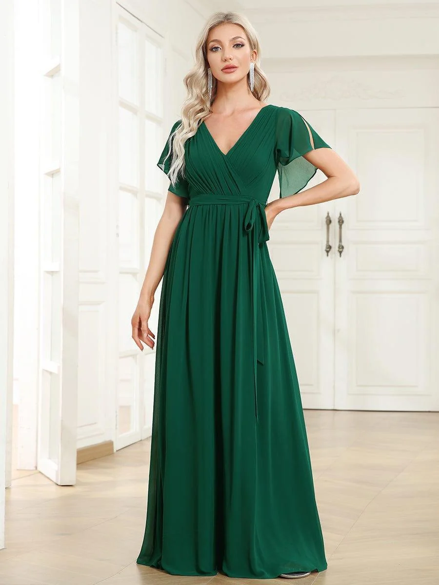 Abendkleid Damen Maxi A-Linie aus Chiffon | Festliches Kleid f��r Hochzeitsg?ste mit V-Ausschnitt und Fl��gel?rmeln