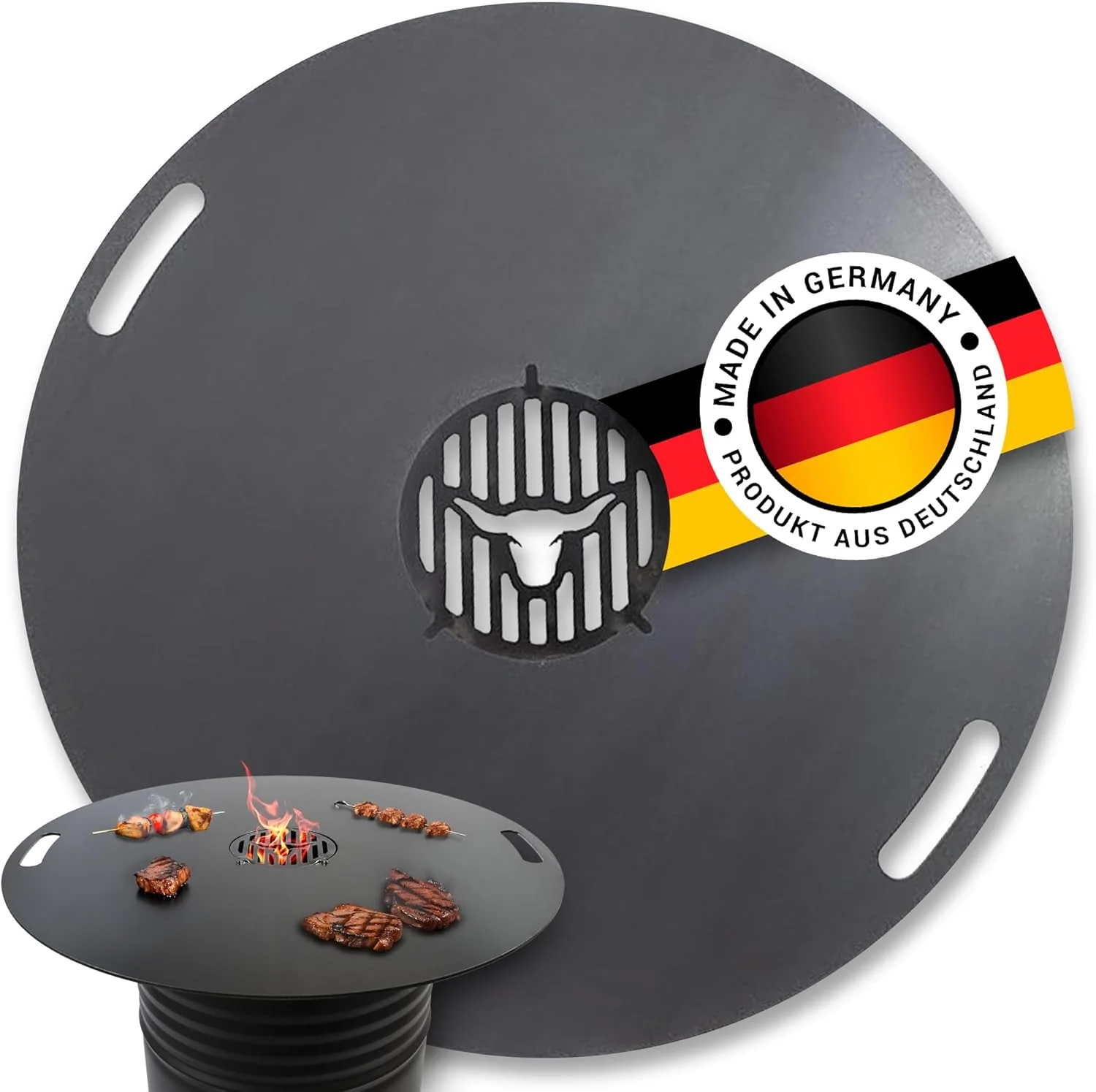 Vuurplaat voor kogelbarbecue handgrepen 90 cm, 5 mm dikte #921 �C INCL. grillinzet, grillplaat voor vuurton & vuurschaal, massieve stalen plaat Plancha grillring voor BBQ & Teppanyaki