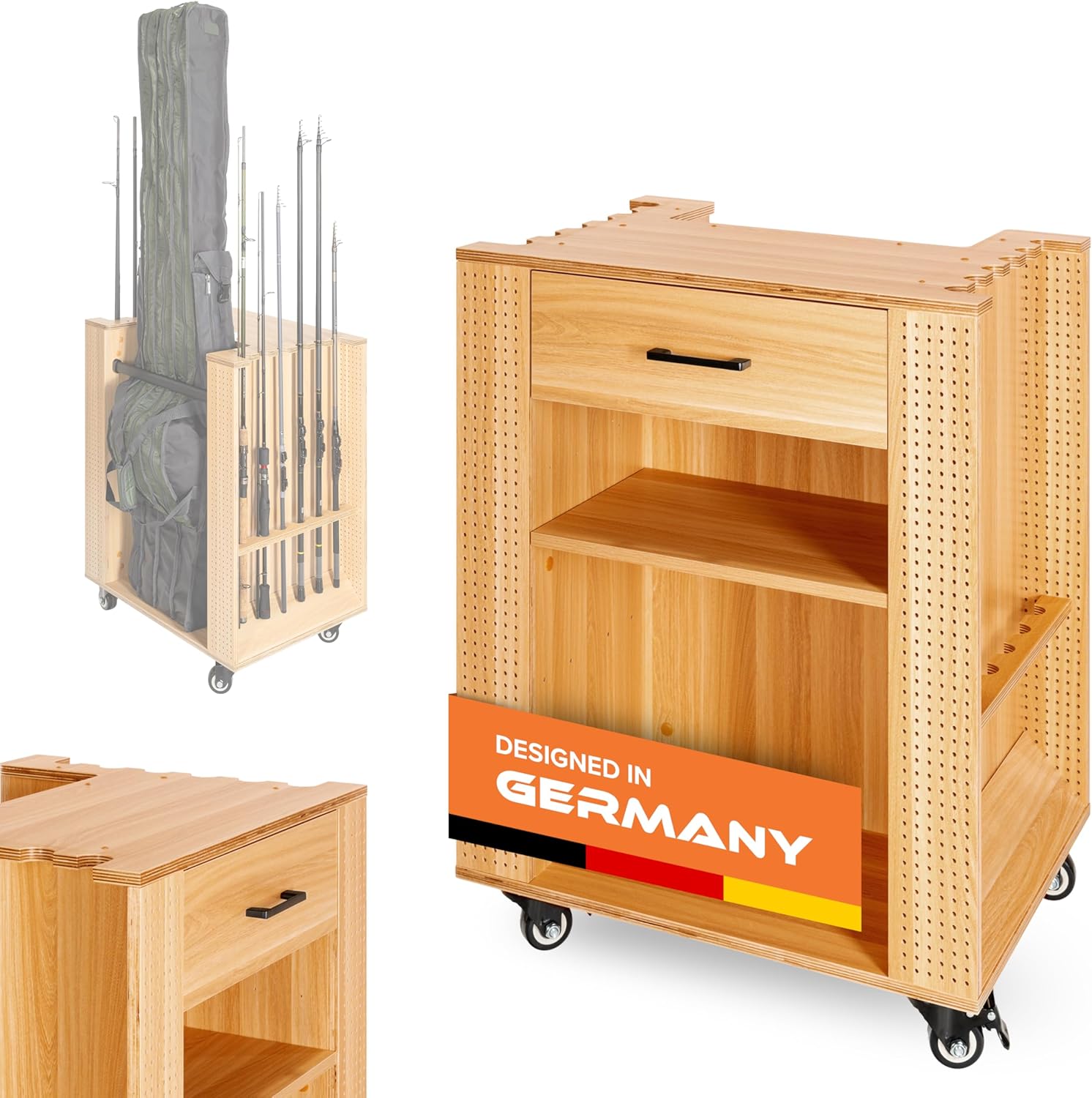 Angelschrank zur Aufbewahrung von Angelausrüstung, 65x50x84,5 cm, Farbe Kiefer, Halter für 12 Angelruten, optionale Halter für bis zu 8 Angelrollen, Schubladen und Fächer für Angelzubehör